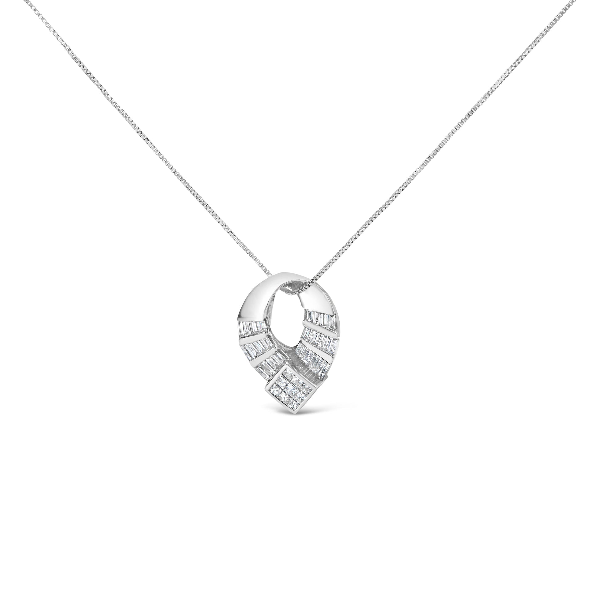 14k White Gold 1 5/8 Cttw Invisible Set Princess and Channel Set Baguette Diamond Curved Oval Shape Pendant Necklace (G-H Color, VS2-SI1 Clarity) Bids.com