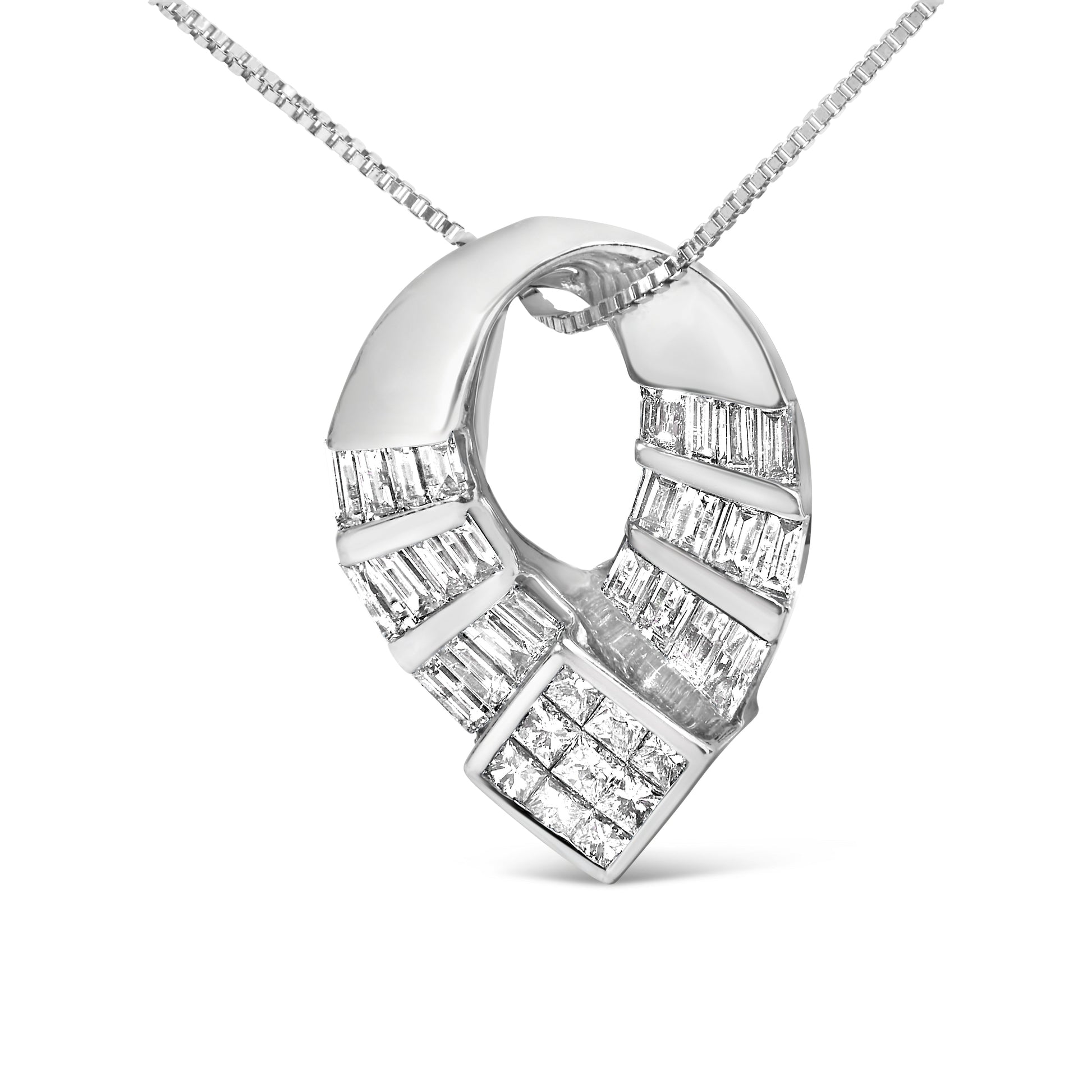 14k White Gold 1 5/8 Cttw Invisible Set Princess and Channel Set Baguette Diamond Curved Oval Shape Pendant Necklace (G-H Color, VS2-SI1 Clarity) Bids.com