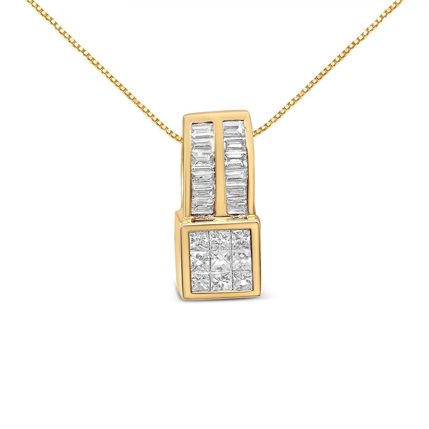 14K Yellow Gold 1 1/4 cttw Princess and Baguette Cut Geometric Inspired Diamond Pendant Necklace (H-I, VS1-VS2) Bids.com