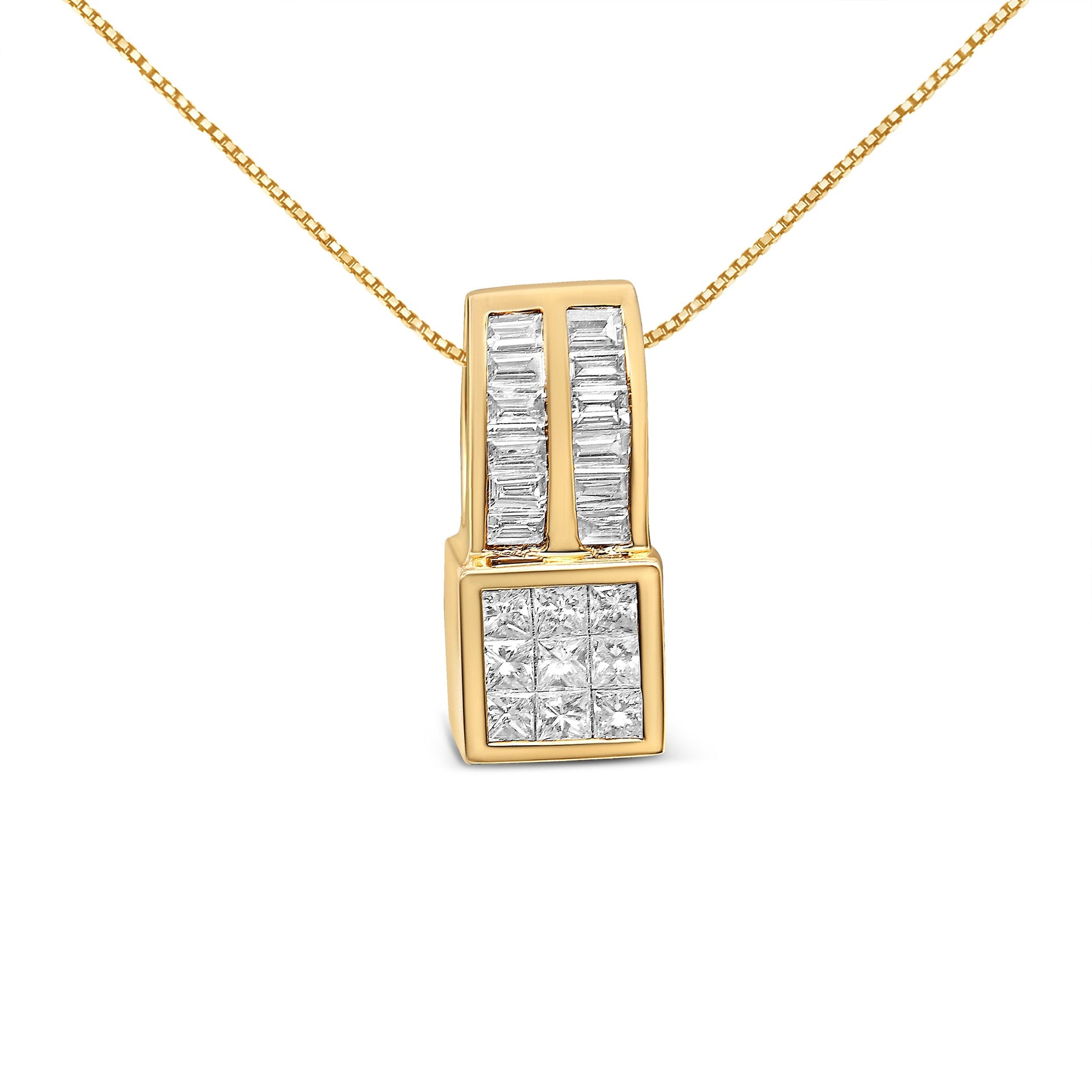 14K Yellow Gold 1 1/4 cttw Princess and Baguette Cut Geometric Inspired Diamond Pendant Necklace (H-I, VS1-VS2) Bids.com
