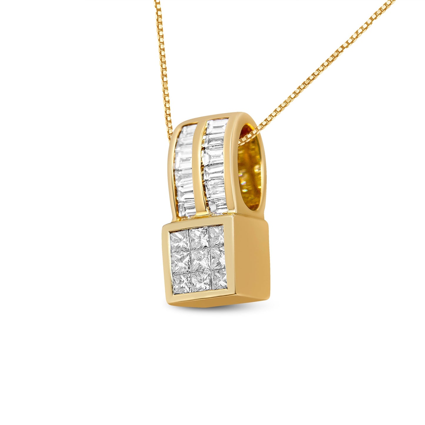14K Yellow Gold 1 1/4 cttw Princess and Baguette Cut Geometric Inspired Diamond Pendant Necklace (H-I, VS1-VS2) Bids.com