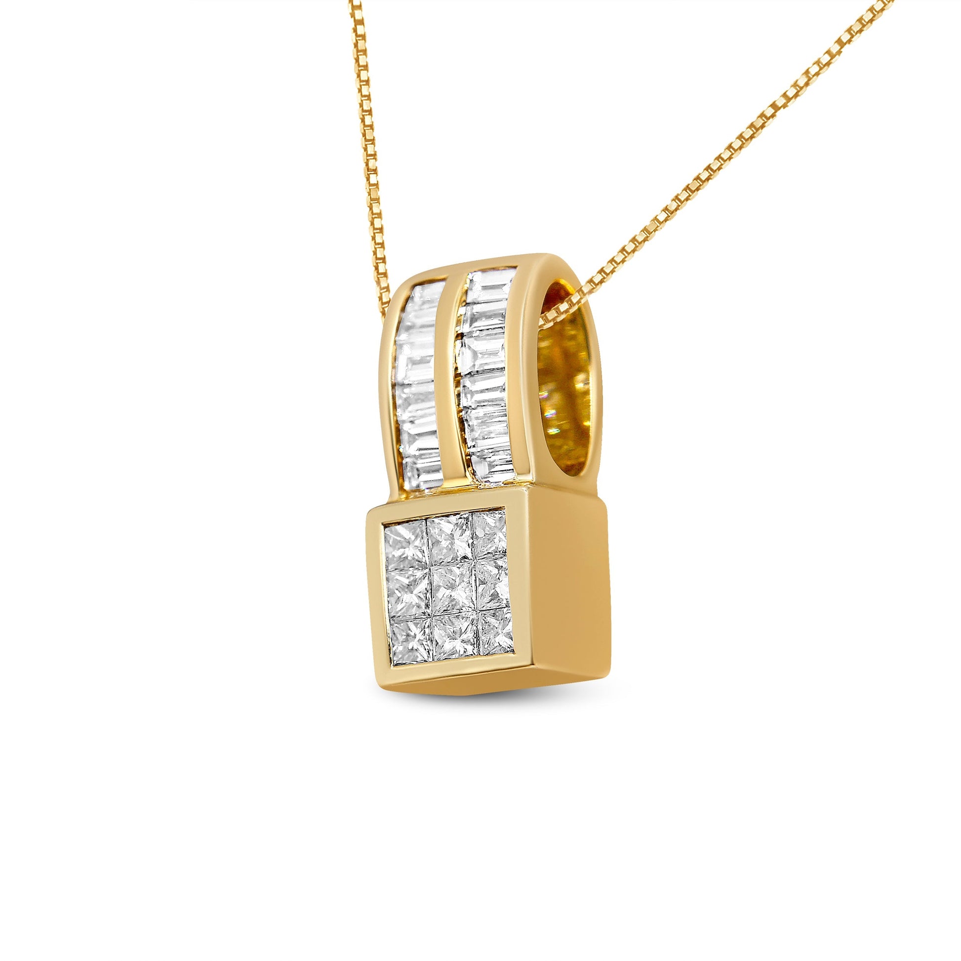 14K Yellow Gold 1 1/4 cttw Princess and Baguette Cut Geometric Inspired Diamond Pendant Necklace (H-I, VS1-VS2) Bids.com