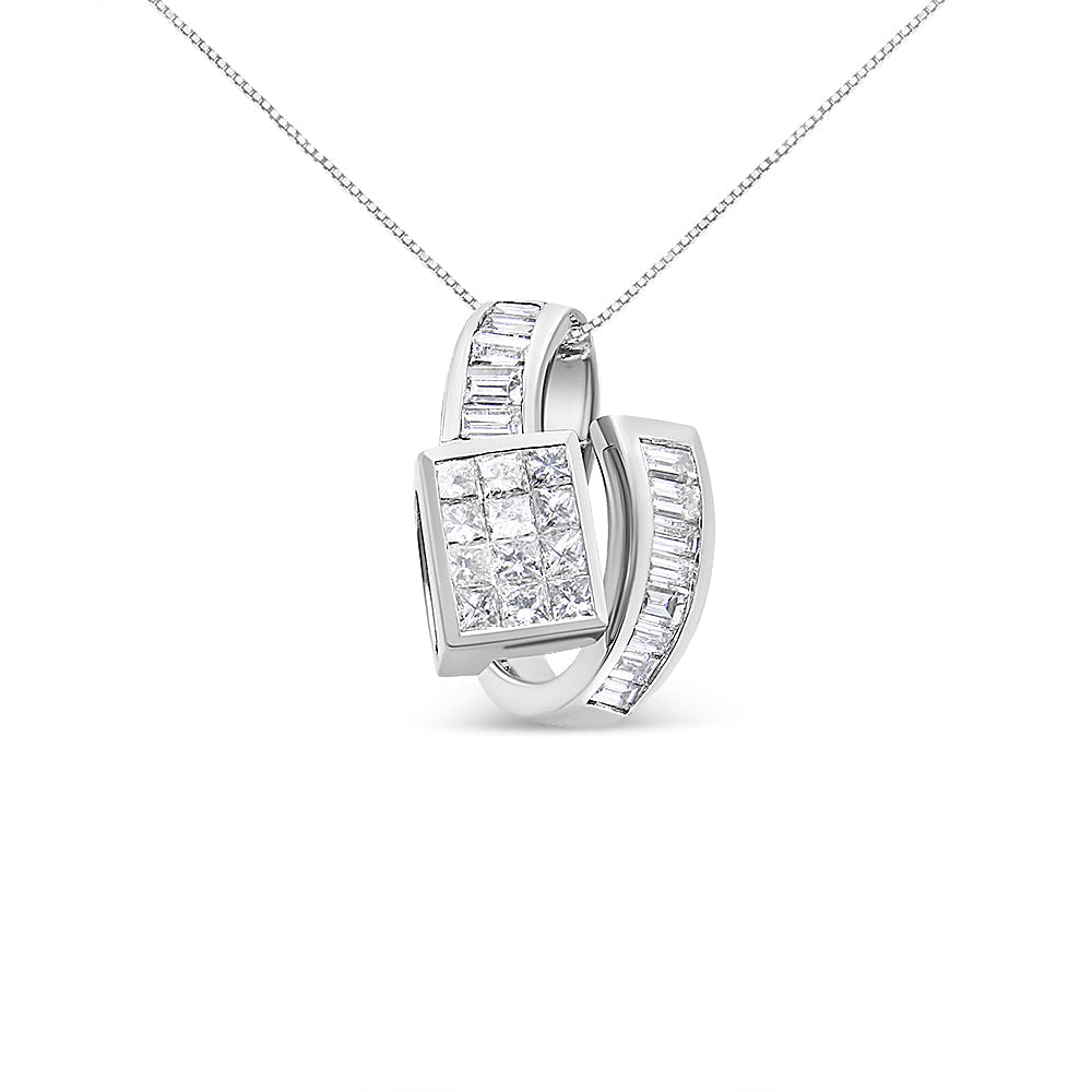 14K White Gold 2 cttw Princess and Baguette Cut Diamond Double Loop Pendant Necklace (G-H, VS1-VS2) Bids.com