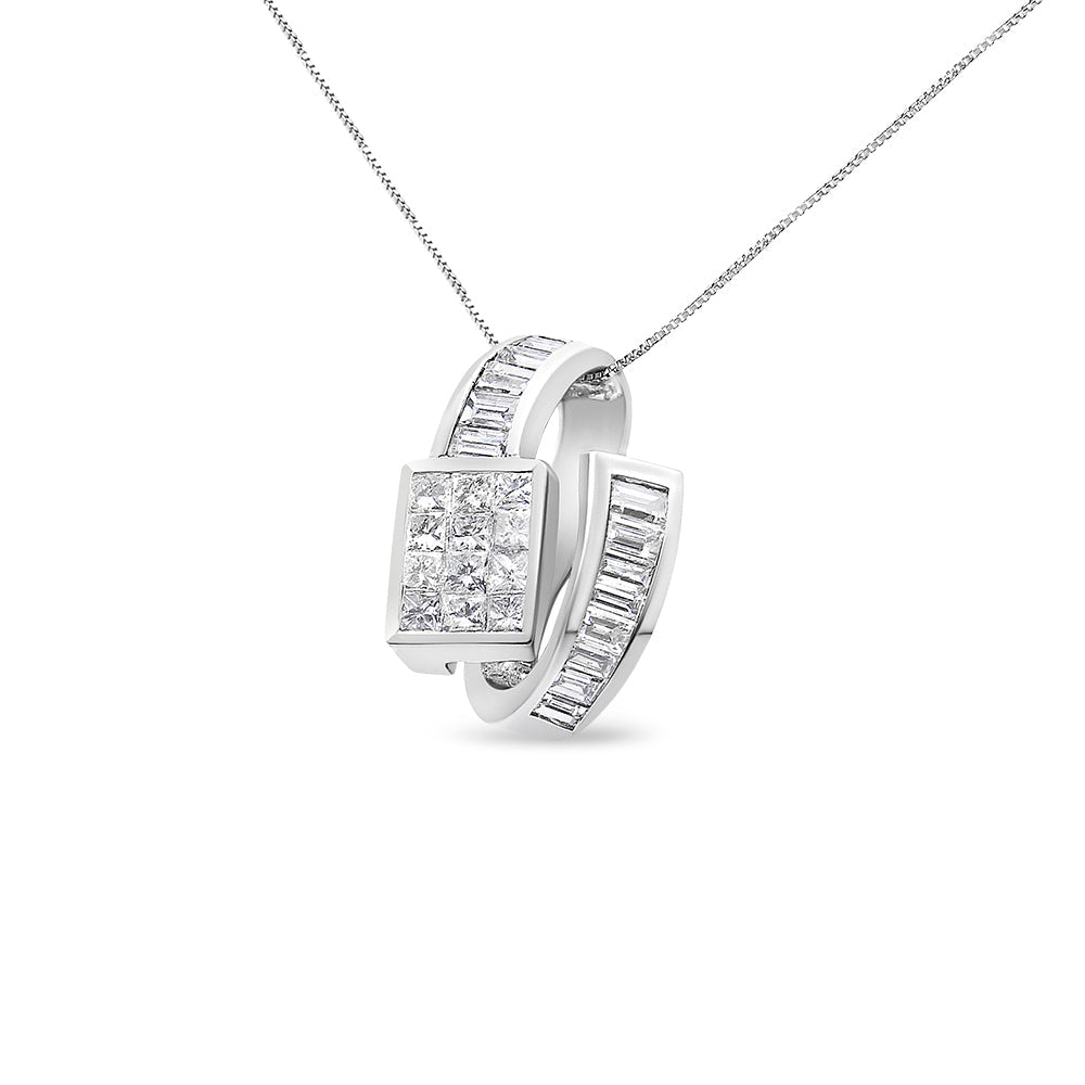 14K White Gold 2 cttw Princess and Baguette Cut Diamond Double Loop Pendant Necklace (G-H, VS1-VS2) Bids.com