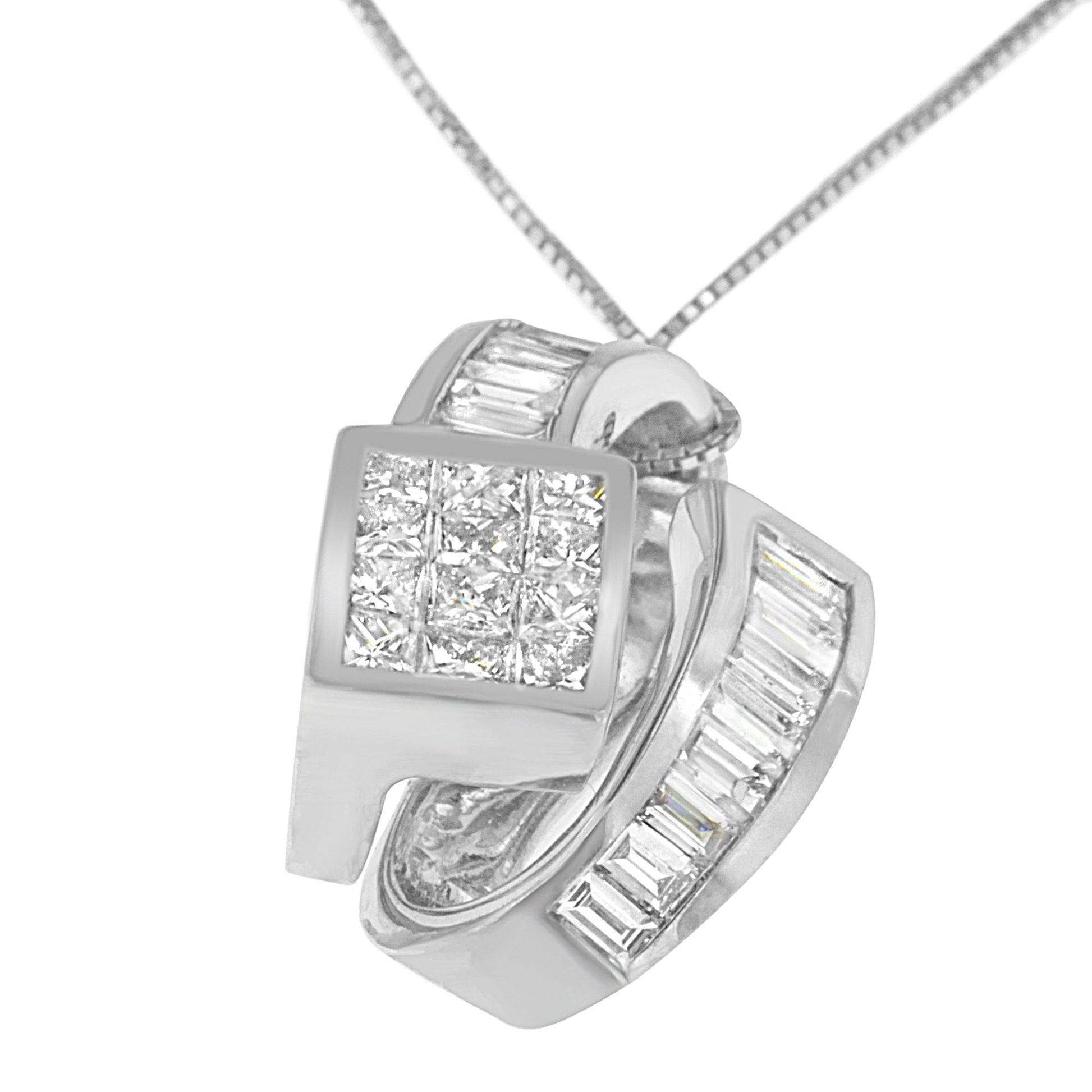 14K White Gold 2 cttw Princess and Baguette Cut Diamond Double Loop Pendant Necklace (G-H, VS1-VS2) Bids.com