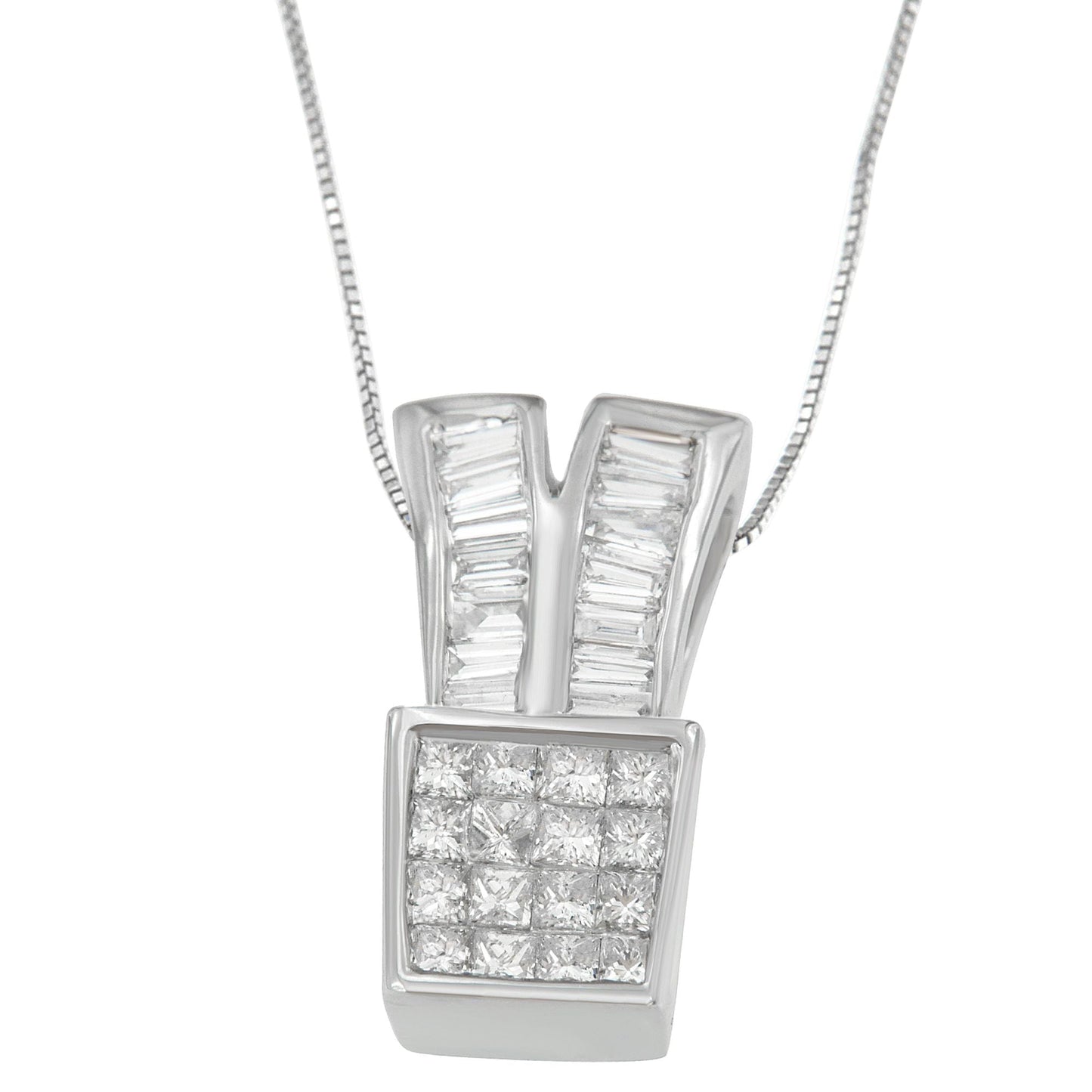 14K White Gold 1 1/3 cttw Princess and Baguette Cut Diamond Sparkling Shapes Pendant Necklace (H-I, SI1-SI2) Bids.com