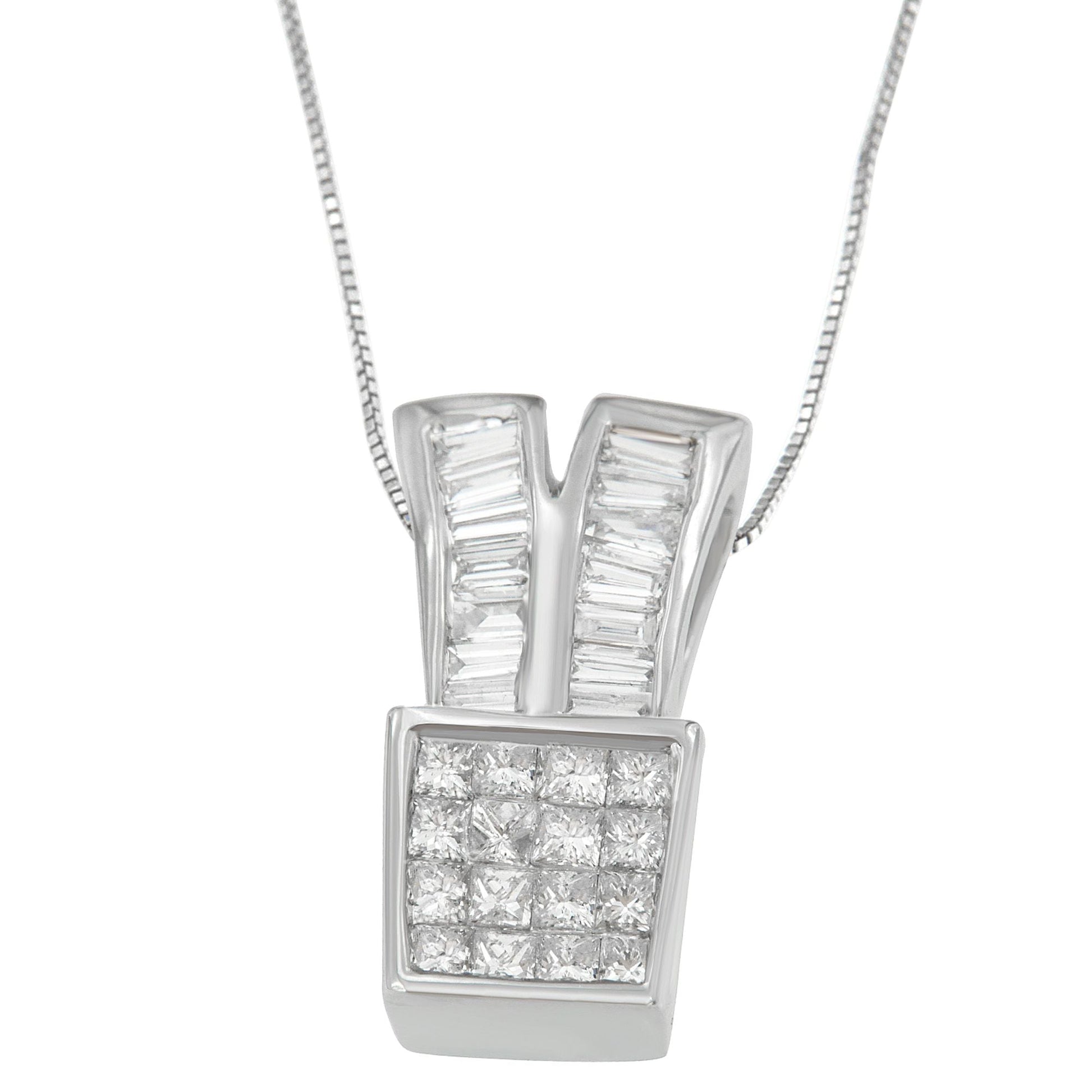 14K White Gold 1 1/3 cttw Princess and Baguette Cut Diamond Sparkling Shapes Pendant Necklace (H-I, SI1-SI2) Bids.com
