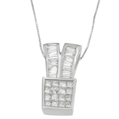 14K White Gold 1 1/3 cttw Princess and Baguette Cut Diamond Sparkling Shapes Pendant Necklace (H-I, SI1-SI2) Bids.com