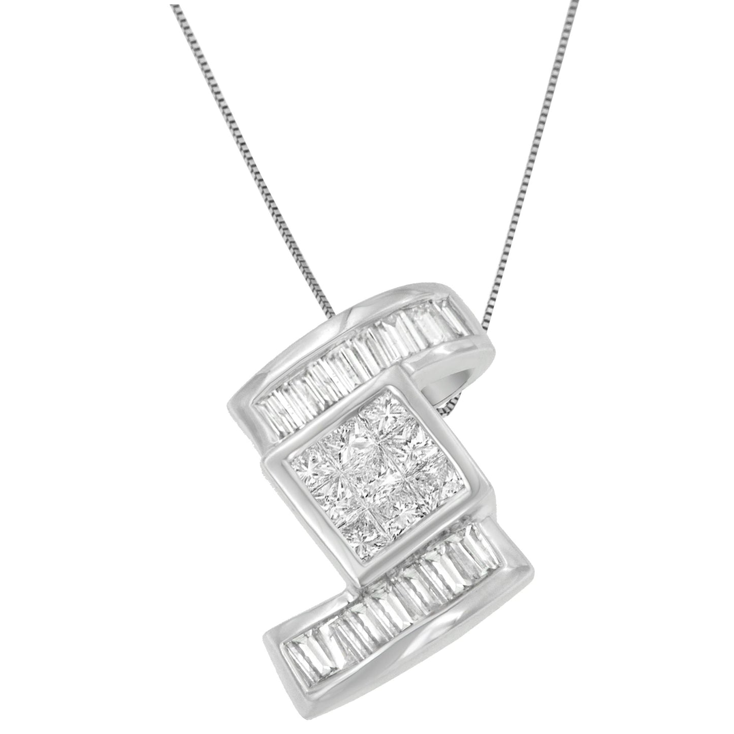 14K White Gold 1 2/5 cttw Princess and Baguette Cut Diamond Zig Zag Pendant Necklace (H-I, SI1-SI2) Bids.com