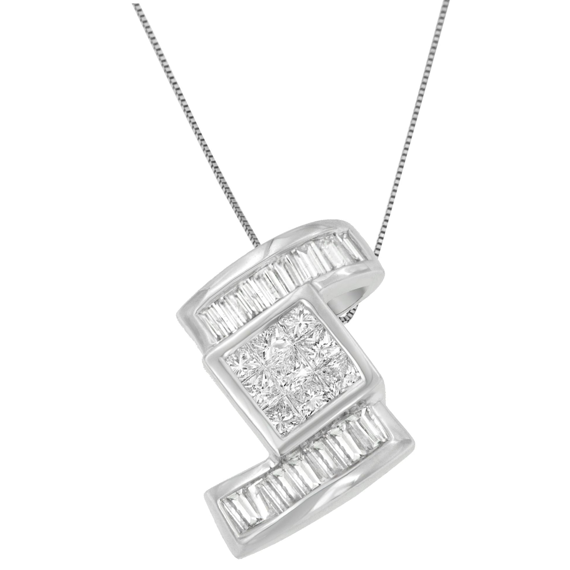 14K White Gold 1 2/5 cttw Princess and Baguette Cut Diamond Zig Zag Pendant Necklace (H-I, SI1-SI2) Bids.com