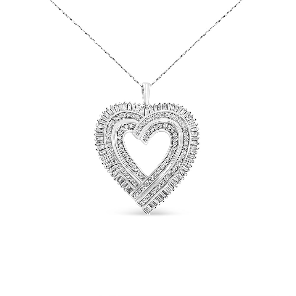 .925 Sterling Silver 1 1/4 Cttw Round and Baguette-Cut Diamond Composite Heart 18" Pendant Necklace (I-J Color, I1-I2 Clarity) Bids.com