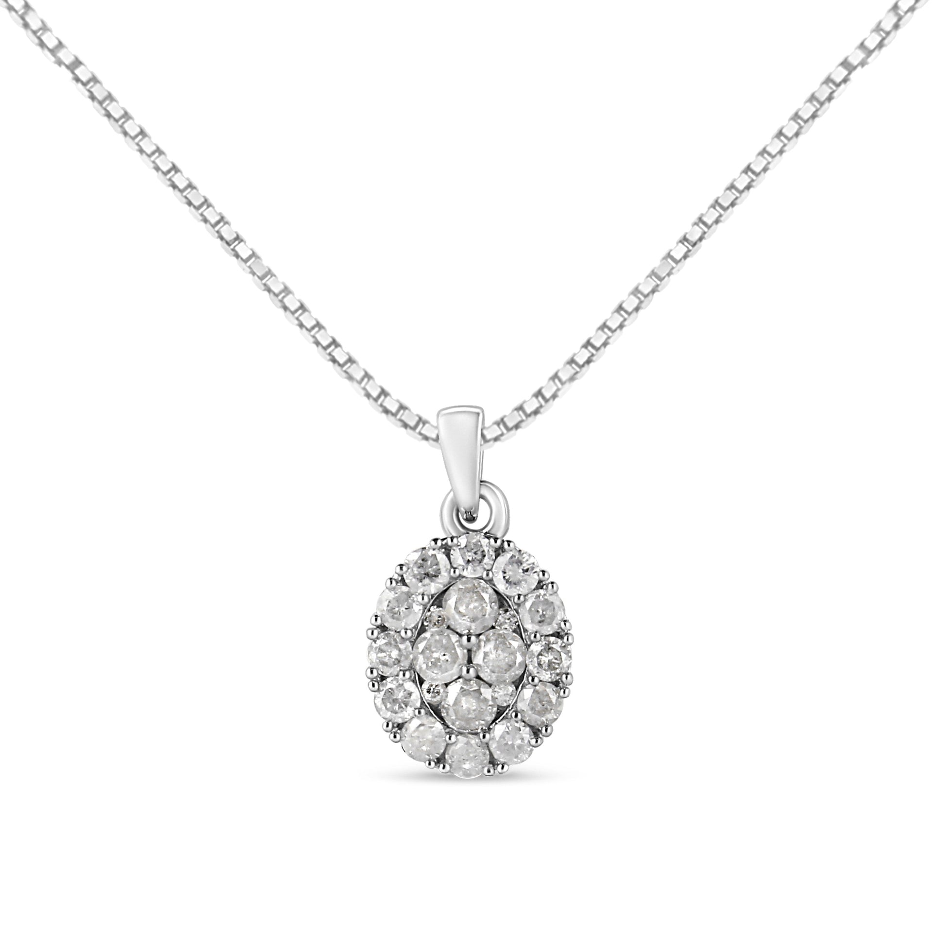 .925 Sterling Silver 1 1/2 Cttw Diamond Oval Cluster Pendant Necklace (I-J Color, I2-I3 Clarity) - 18" Bids.com