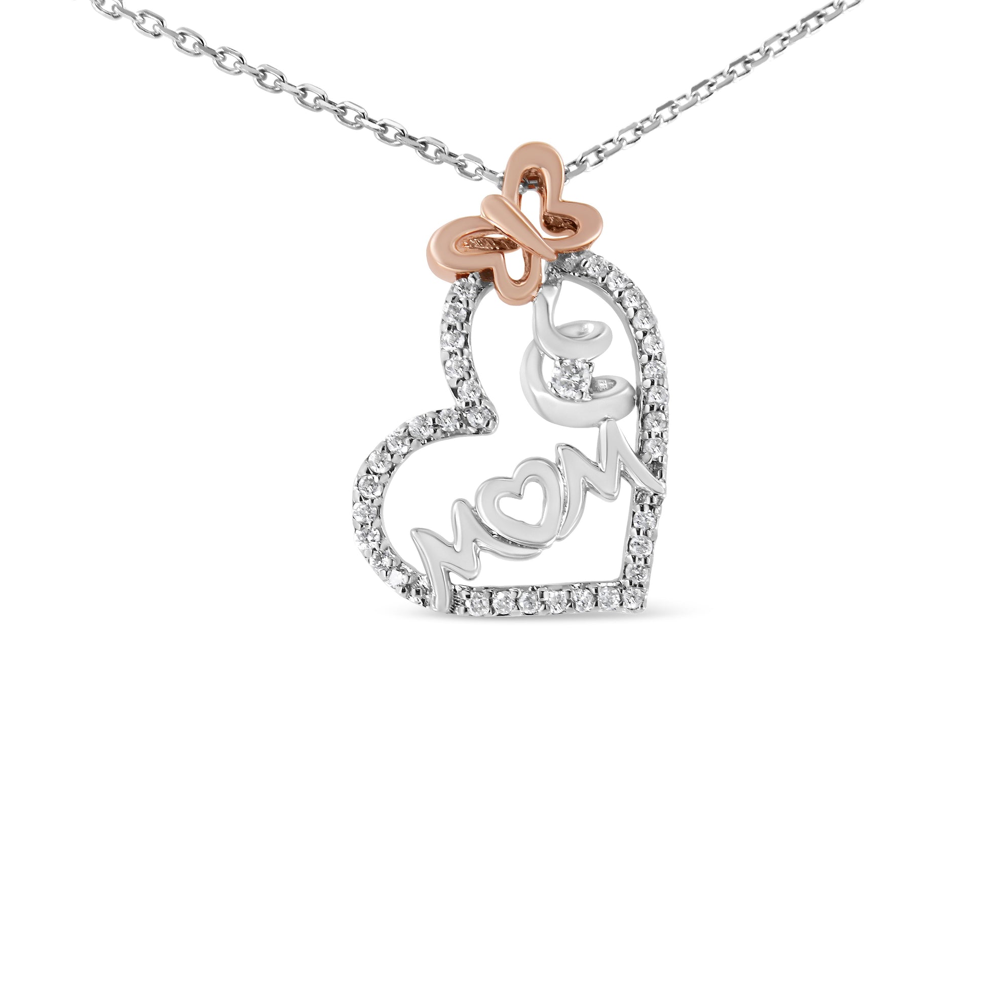 Two Tone .925 Sterling Silver 1/5 cttw Diamond "Mom" and Heart Pendant Necklace (H-I, I1-I2) Bids.com