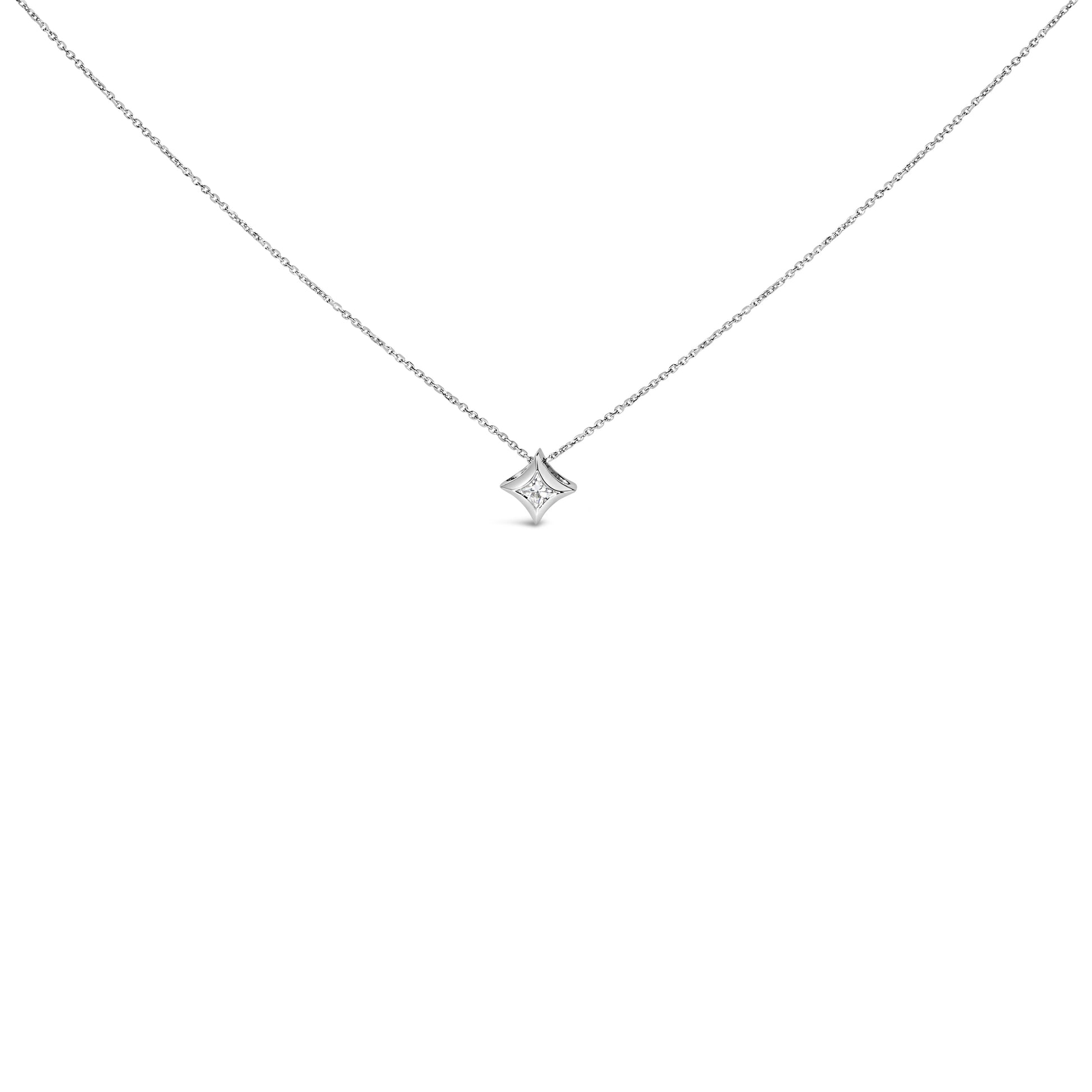 10K White Gold 1/10 Cttw Bezel Set Solitaire Princess Cut Diamond Kite Shaped Pendent Necklace - 18" Inches Bids.com