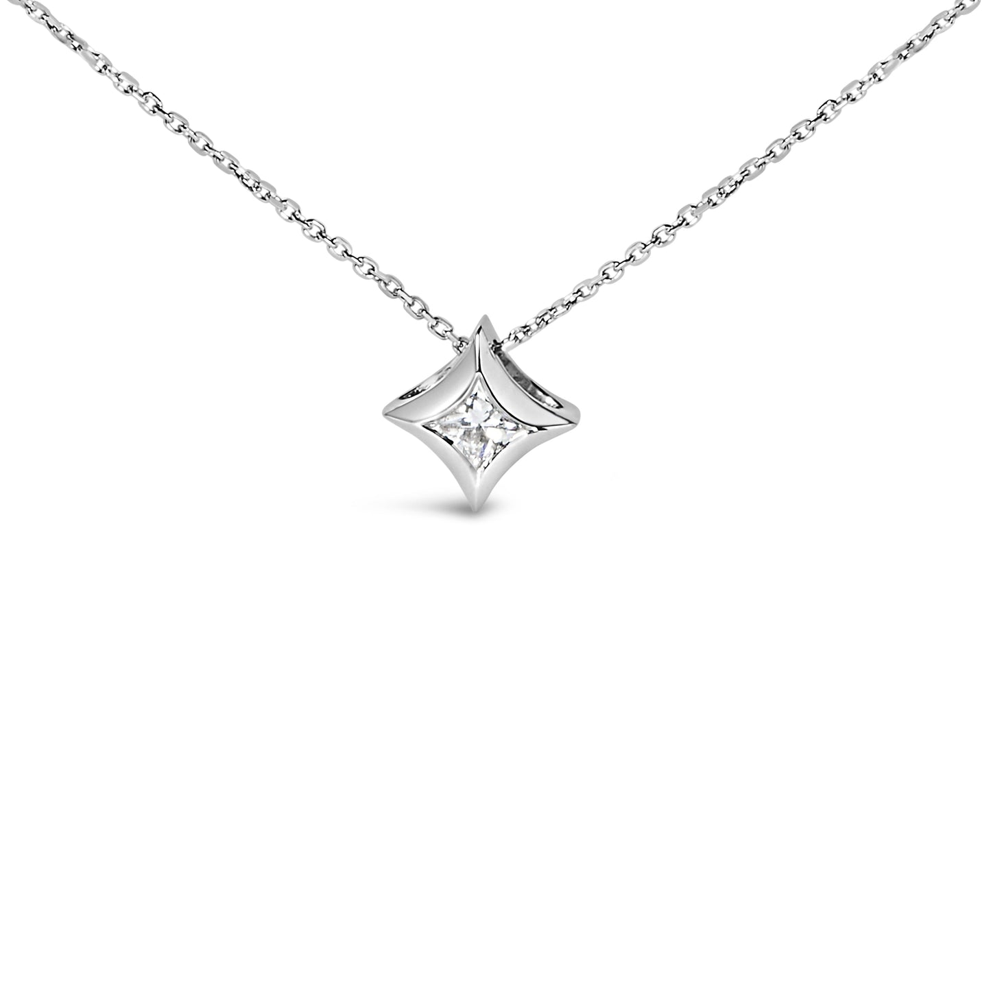 10K White Gold 1/10 Cttw Bezel Set Solitaire Princess Cut Diamond Kite Shaped Pendent Necklace - 18" Inches Bids.com