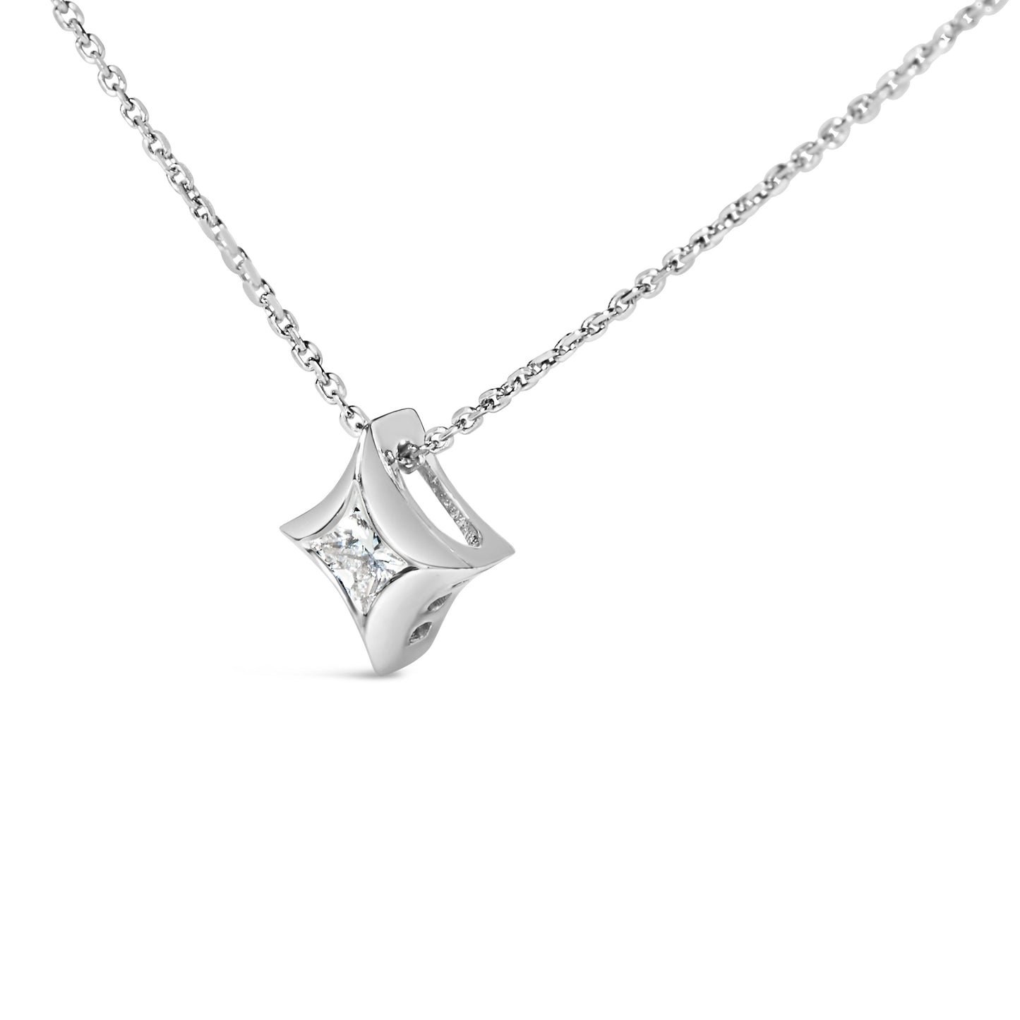 10K White Gold 1/10 Cttw Bezel Set Solitaire Princess Cut Diamond Kite Shaped Pendent Necklace - 18" Inches Bids.com