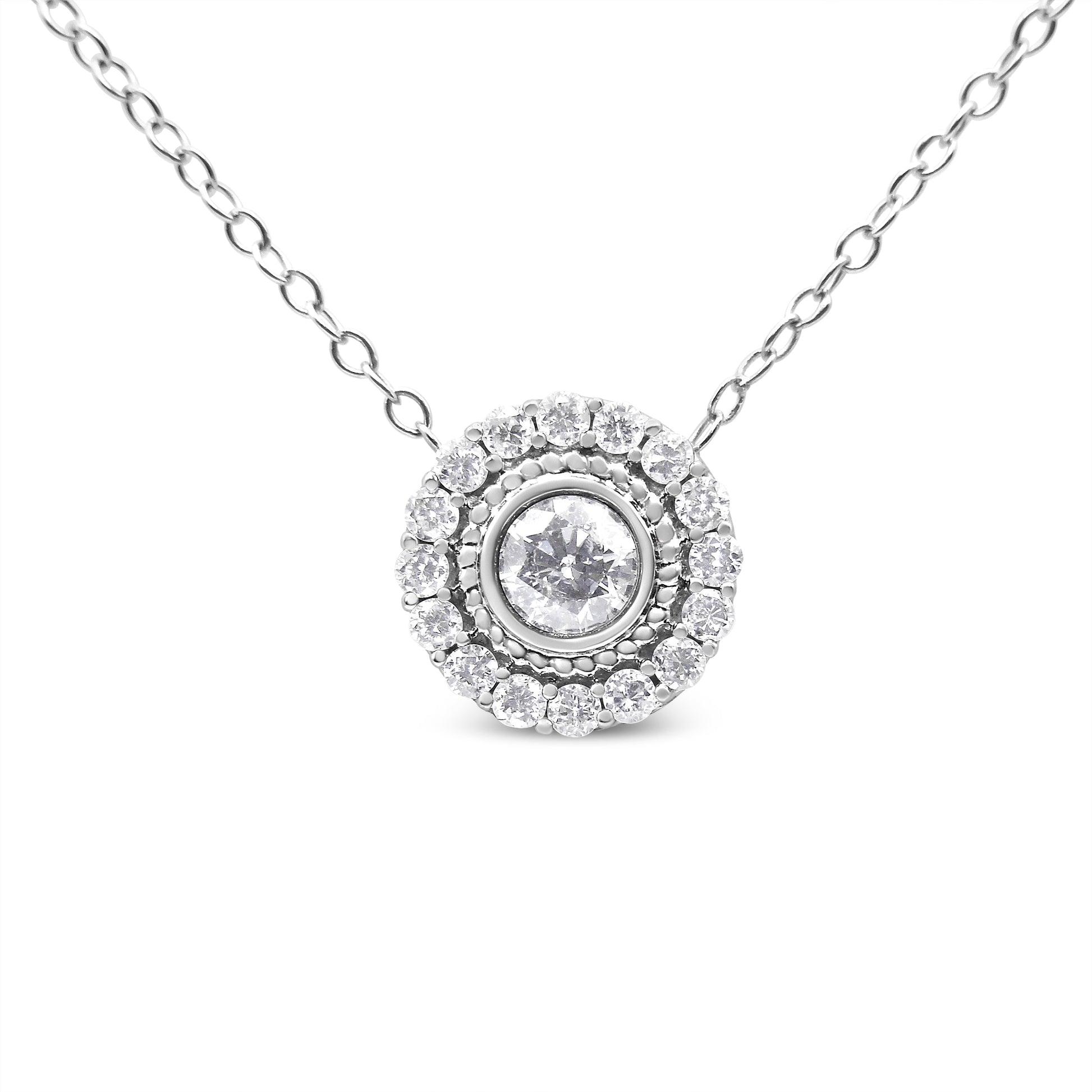 .925 Sterling Silver 1/2 Cttw Round Diamond Halo Circle Pendant 18" Necklace (I-J Color, I2-I3 Clarity) Bids.com