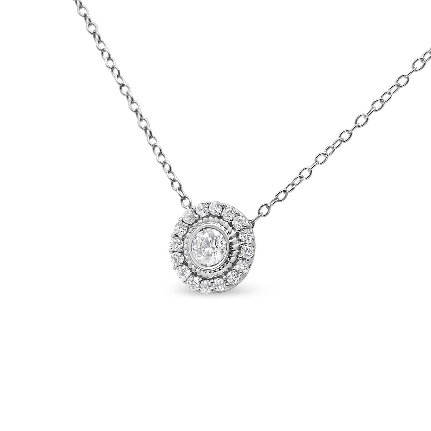.925 Sterling Silver 1/2 Cttw Round Diamond Halo Circle Pendant 18" Necklace (I-J Color, I2-I3 Clarity) Bids.com