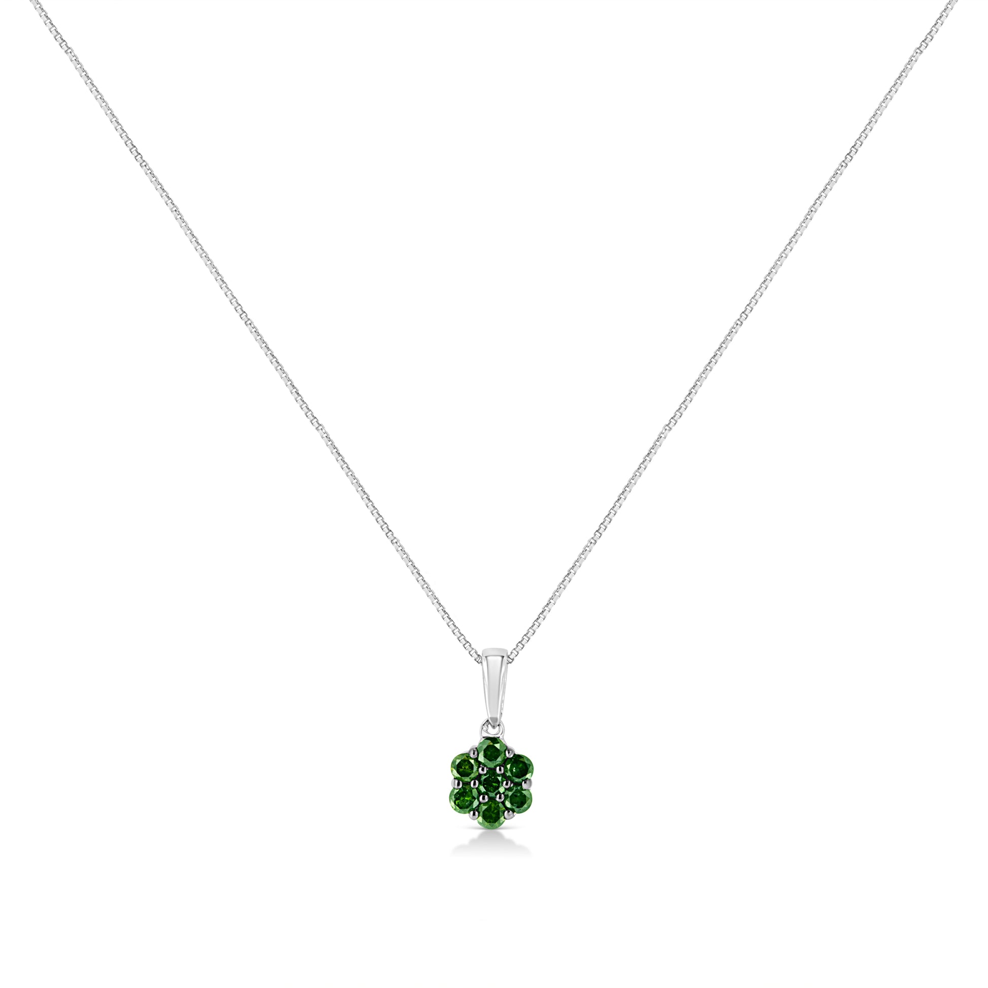 .925 Sterling Silver 1/2 Cttw Prong Set Treated Green Diamond Floral Cluster 18" Pendant Necklace (Green Color, I1-I2 Clarity) Bids.com