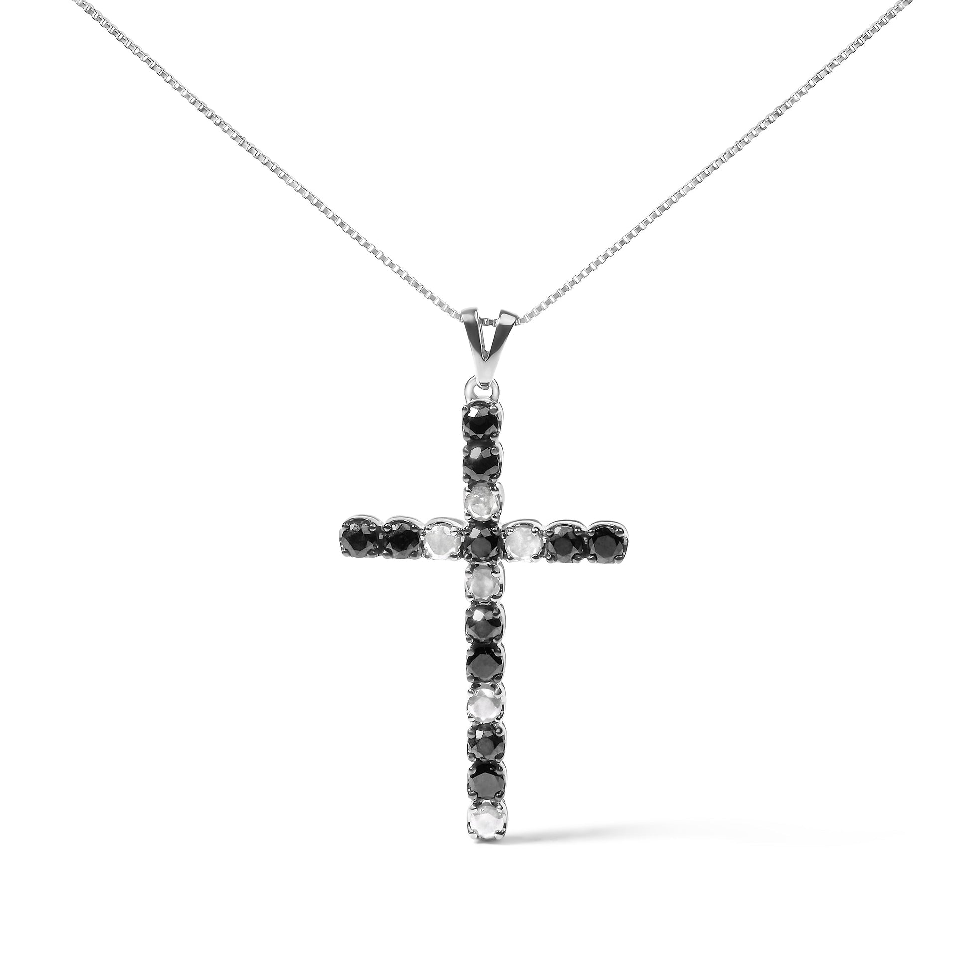 .925 Sterling Silver 2.0 Cttw Prong Set Round Natural Treated Black and White Diamond Cross Pendant Necklace - 18" (Black/H-I Color, I3 Clarity) Bids.com