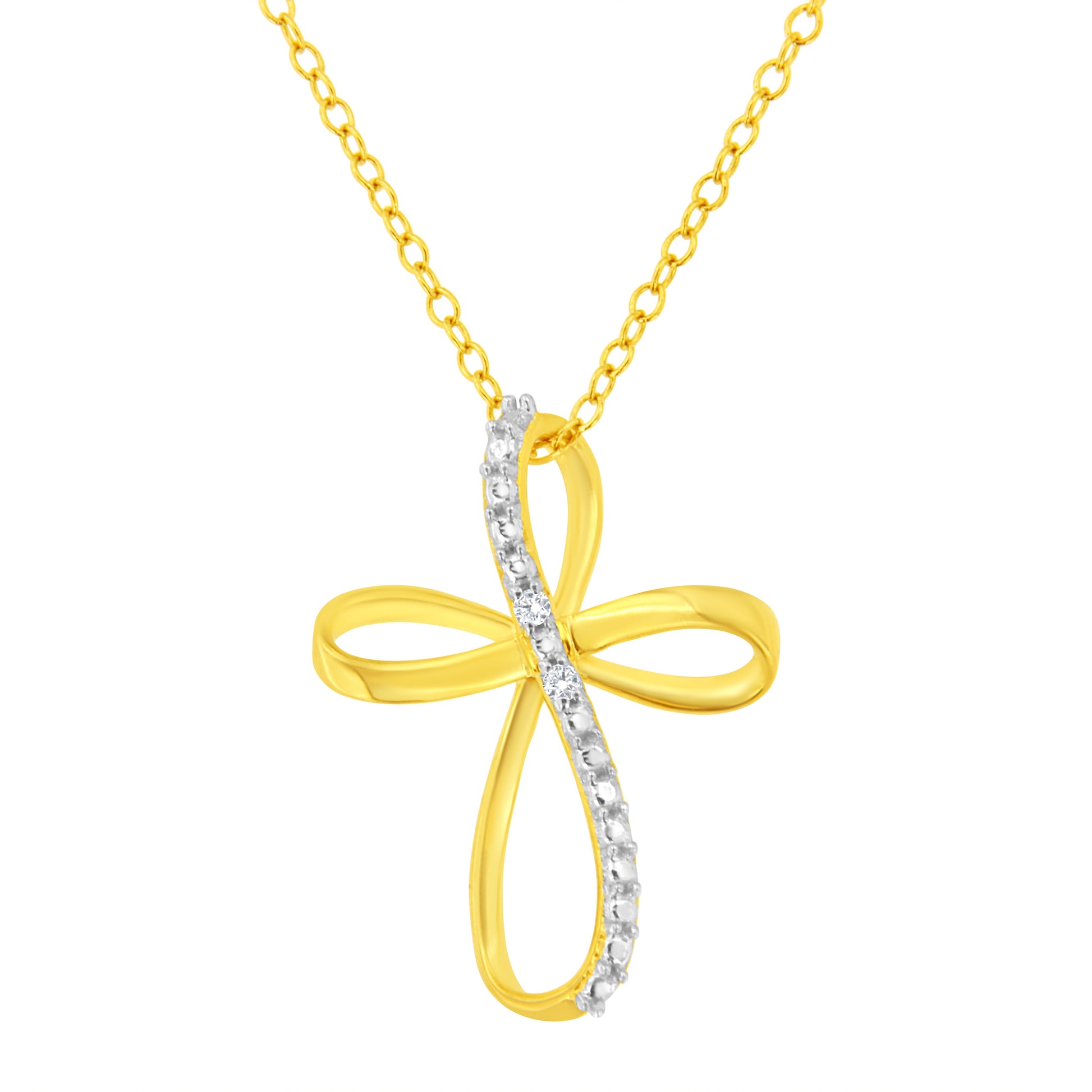 10K Yellow Gold Plated .925 Sterling Silver Diamond Accent Cross Ribbon 18" Pendant Necklace (I-J Color, I2-I3 Clarity) Bids.com