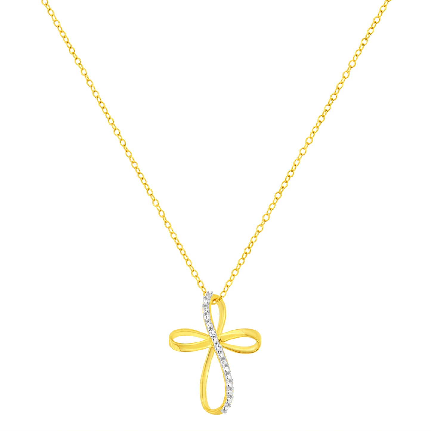 10K Yellow Gold Plated .925 Sterling Silver Diamond Accent Cross Ribbon 18" Pendant Necklace (I-J Color, I2-I3 Clarity) Bids.com