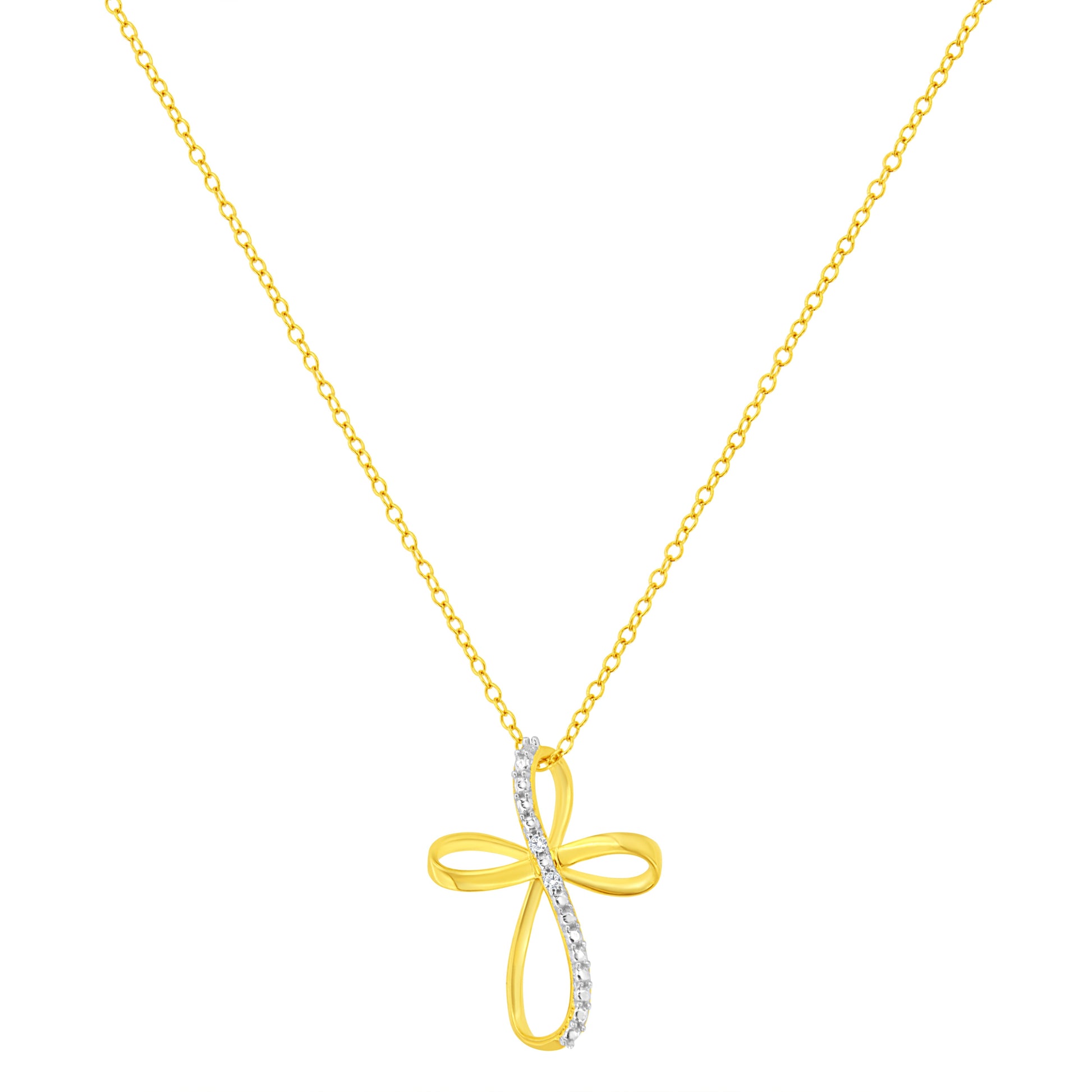 10K Yellow Gold Plated .925 Sterling Silver Diamond Accent Cross Ribbon 18" Pendant Necklace (I-J Color, I2-I3 Clarity) Bids.com