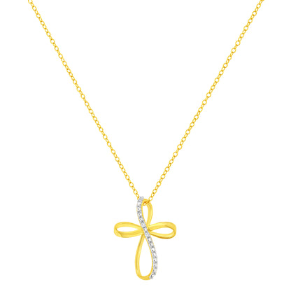 10K Yellow Gold Plated .925 Sterling Silver Diamond Accent Cross Ribbon 18" Pendant Necklace (I-J Color, I2-I3 Clarity) Bids.com