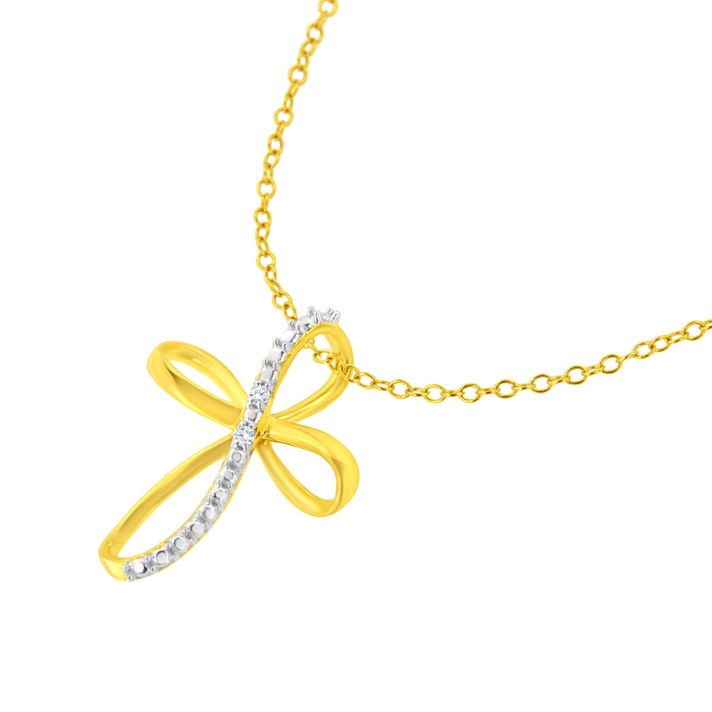 10K Yellow Gold Plated .925 Sterling Silver Diamond Accent Cross Ribbon 18" Pendant Necklace (I-J Color, I2-I3 Clarity) Bids.com