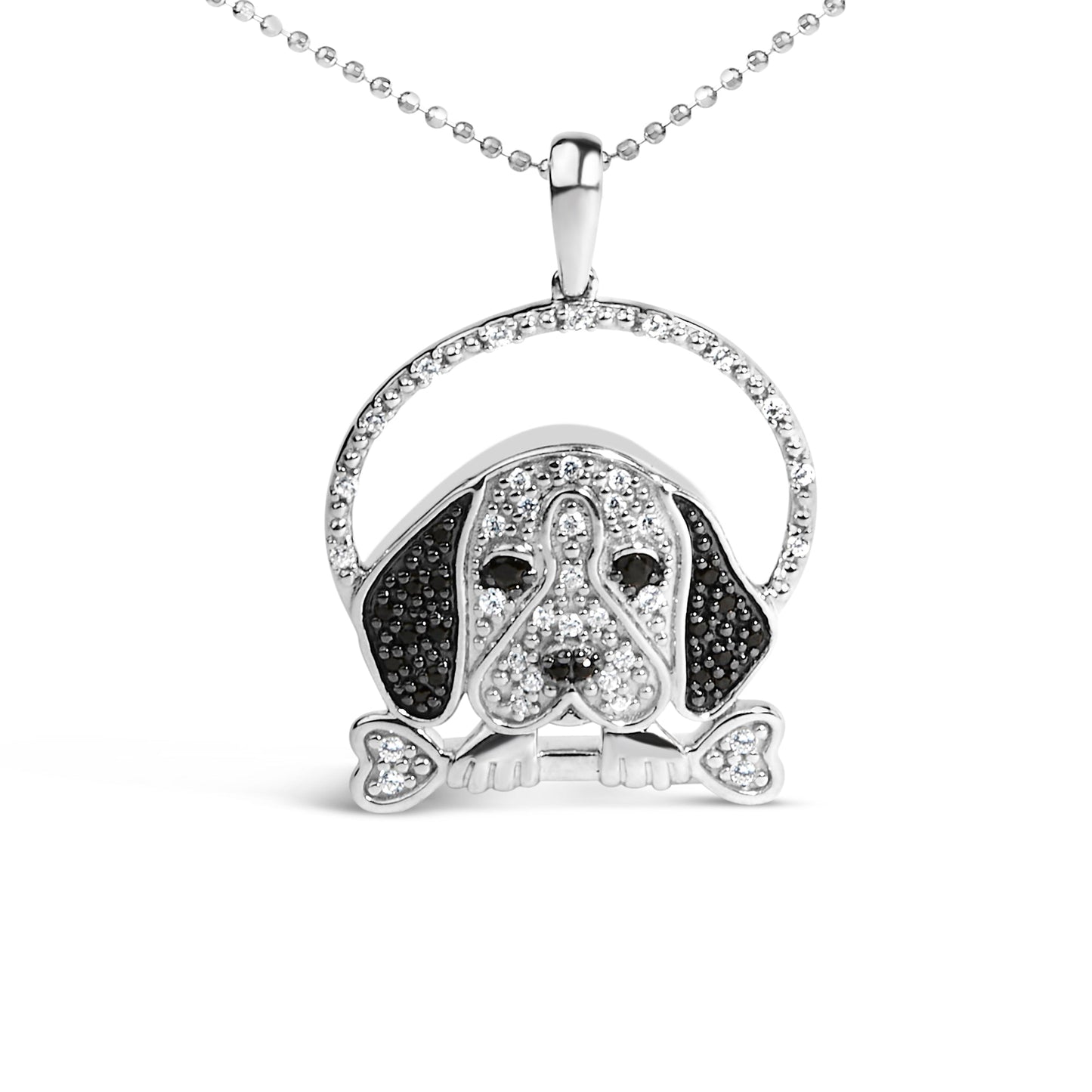 .925 Sterling Silver 1/4 Cttw White and Black Diamond Beagle Dog and Bone Pendant Necklace (I-J Color, I2-I3 Clarity) - 18" Inches Bids.com