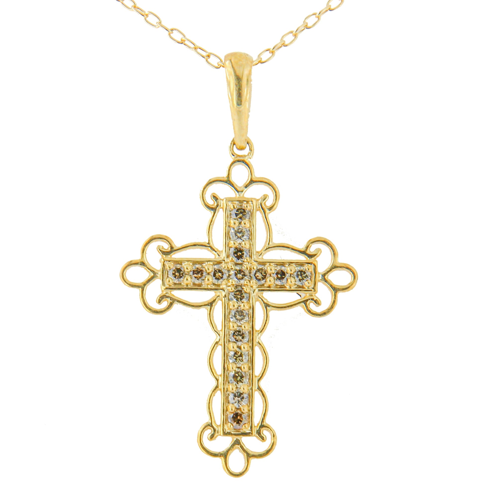 10K Yellow Flashed .925 Sterling Silver 1/4 Cttw Champagne Diamond Filigree Cross Pendant Necklace (K-L Color, I1-I2 Clarity) - 18" Bids.com