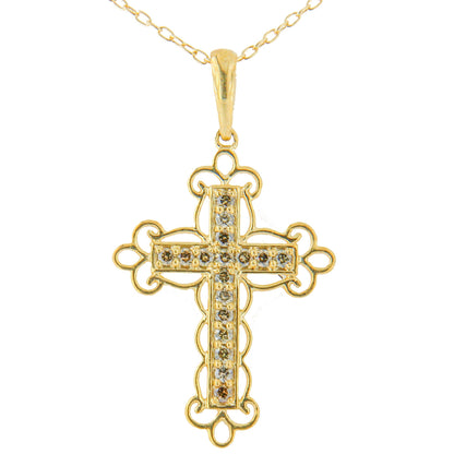 10K Yellow Flashed .925 Sterling Silver 1/4 Cttw Champagne Diamond Filigree Cross Pendant Necklace (K-L Color, I1-I2 Clarity) - 18" Bids.com