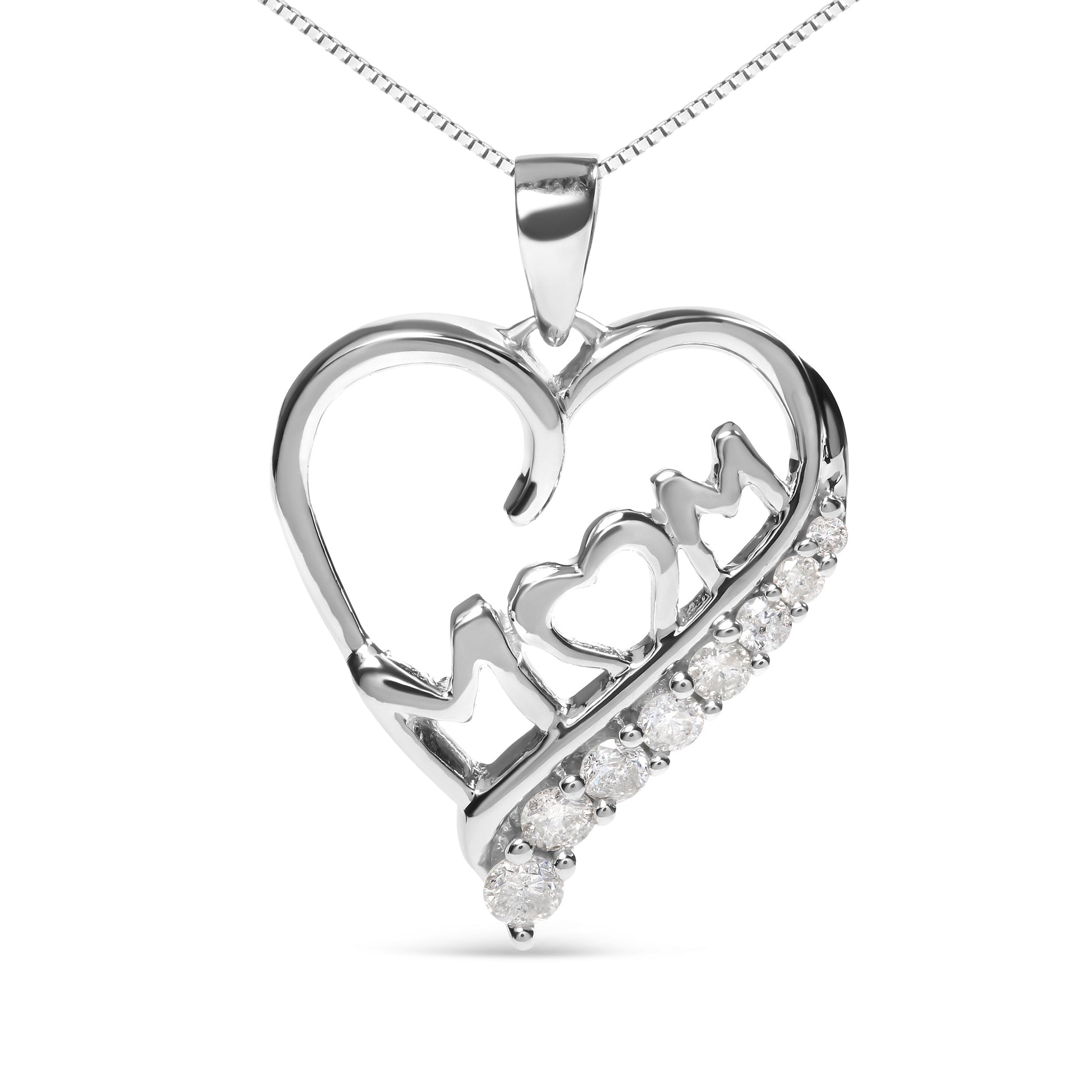 .925 Sterling Silver 1/4 Cttw Diamond  "Mom" and Open Heart 18" Pendant Necklace (I-J Color, I2-I3 Clarity) Bids.com