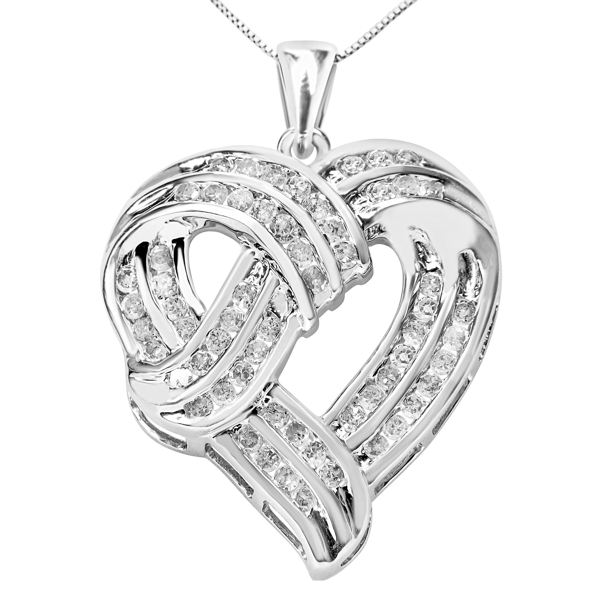 .925 Sterling Silver 1 1/4 Cttw Round Diamond Openwork Ribbon Weave Heart Pendant 18" Necklace (I-J Color, I3 Clarity) Bids.com