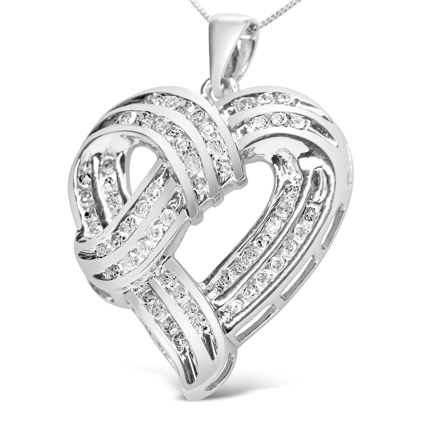.925 Sterling Silver 1 1/4 Cttw Round Diamond Openwork Ribbon Weave Heart Pendant 18" Necklace (I-J Color, I3 Clarity) Bids.com