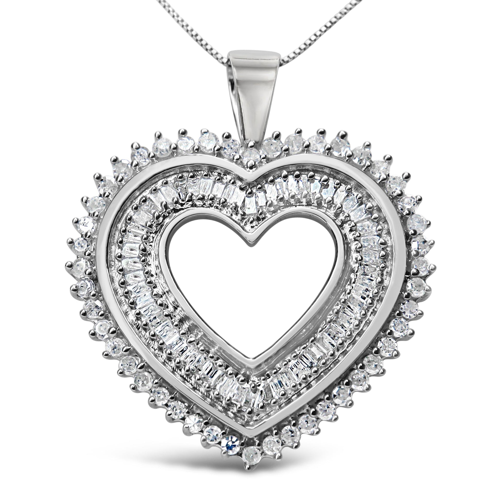 .925 Sterling Silver 1.0 Cttw Baguette and Round Diamond  Heart Pendant 18" Necklace (H-I Color, I3 Clarity) Bids.com