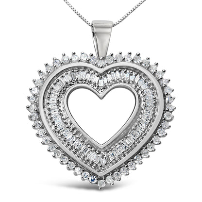 .925 Sterling Silver 1.0 Cttw Baguette and Round Diamond  Heart Pendant 18" Necklace (H-I Color, I3 Clarity) Bids.com