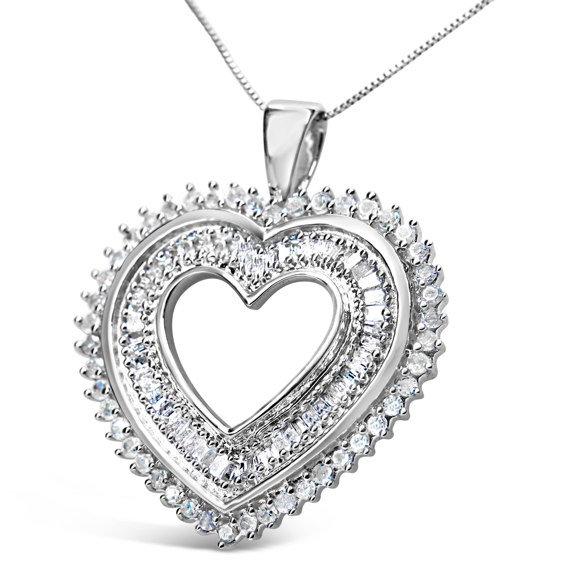 .925 Sterling Silver 1.0 Cttw Baguette and Round Diamond  Heart Pendant 18" Necklace (H-I Color, I3 Clarity) Bids.com