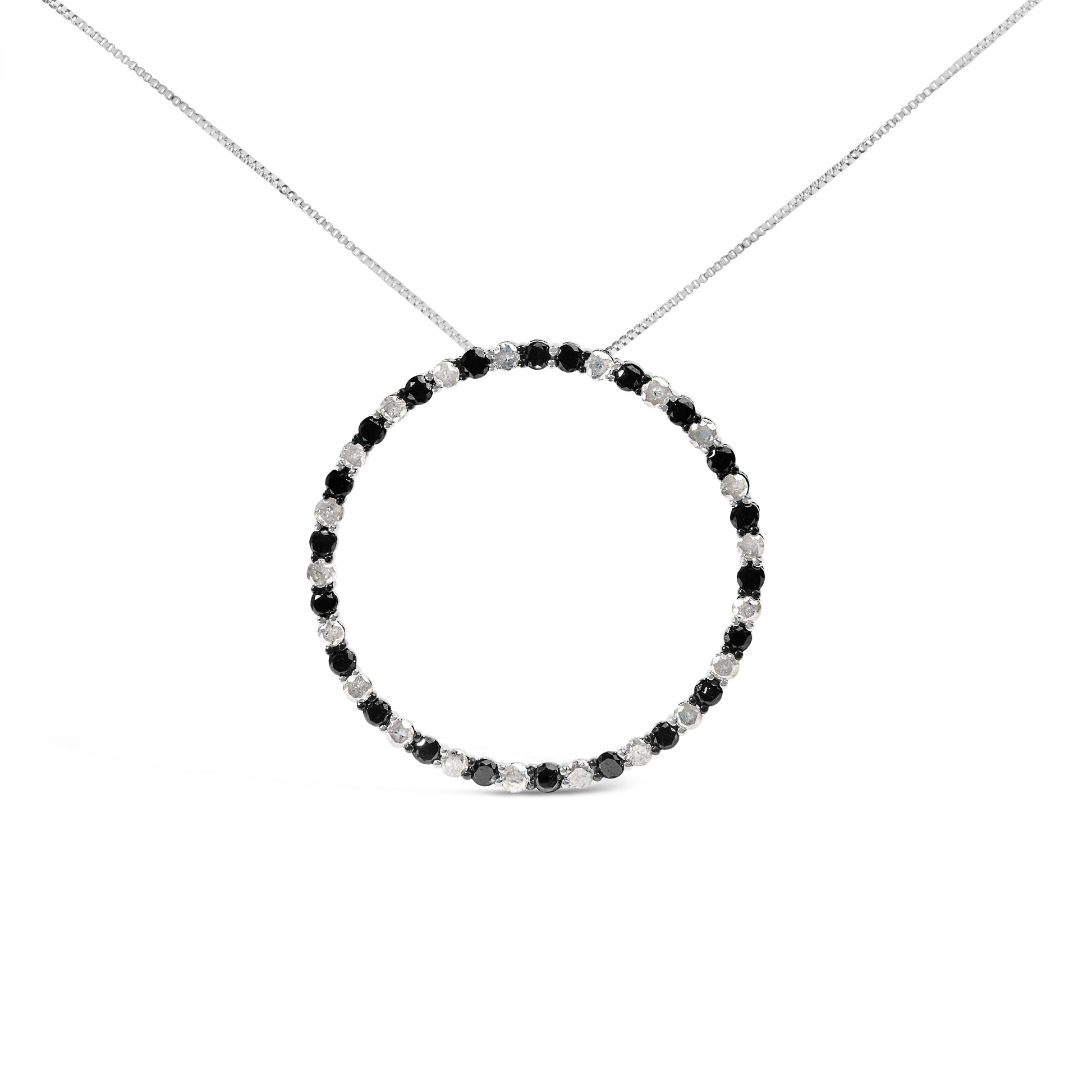 .925 Sterling Silver 3.0 Cttw Alternating Black and White Diamond Open Hoop Circle Pendant Necklace (H-I Color, I3 Clarity) - 18" Inches Bids.com