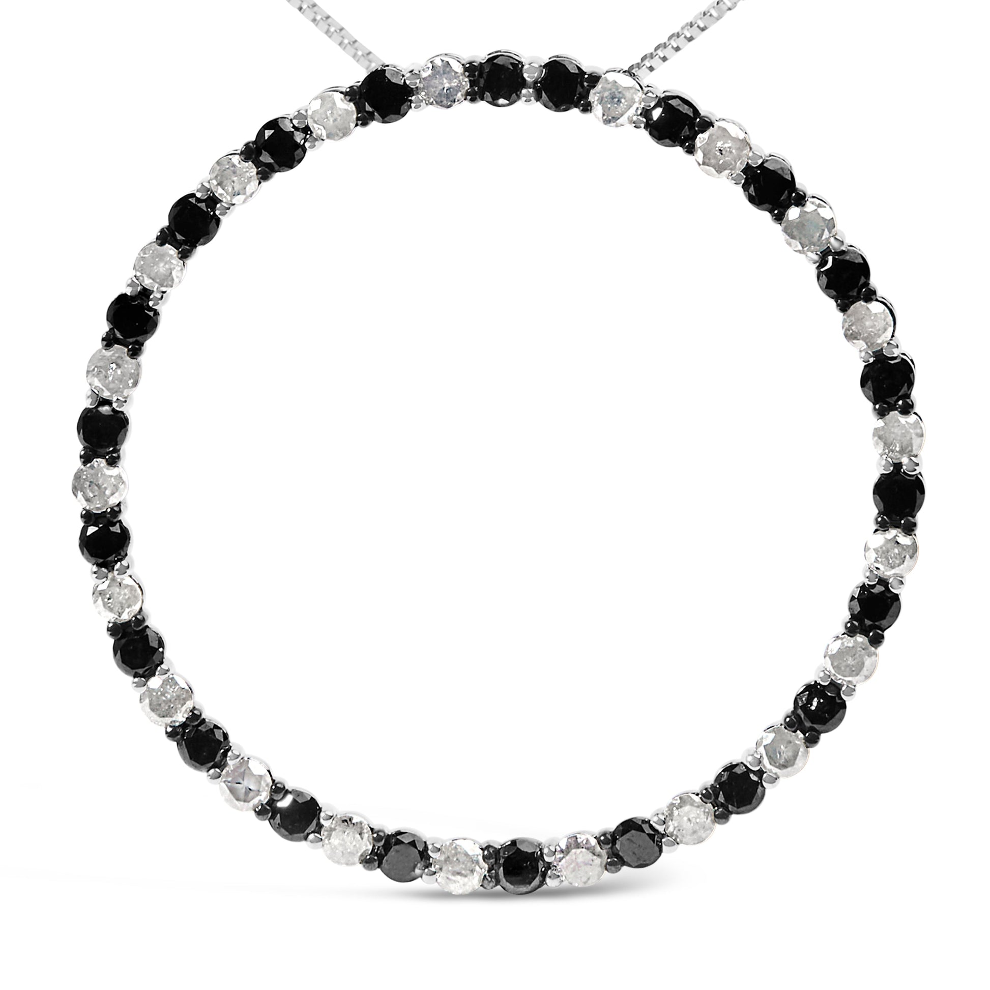 .925 Sterling Silver 3.0 Cttw Alternating Black and White Diamond Open Hoop Circle Pendant Necklace (H-I Color, I3 Clarity) - 18" Inches Bids.com
