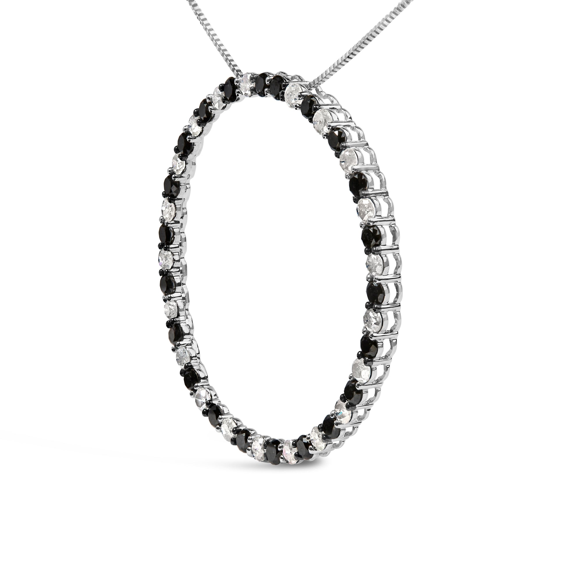 .925 Sterling Silver 3.0 Cttw Alternating Black and White Diamond Open Hoop Circle Pendant Necklace (H-I Color, I3 Clarity) - 18" Inches Bids.com