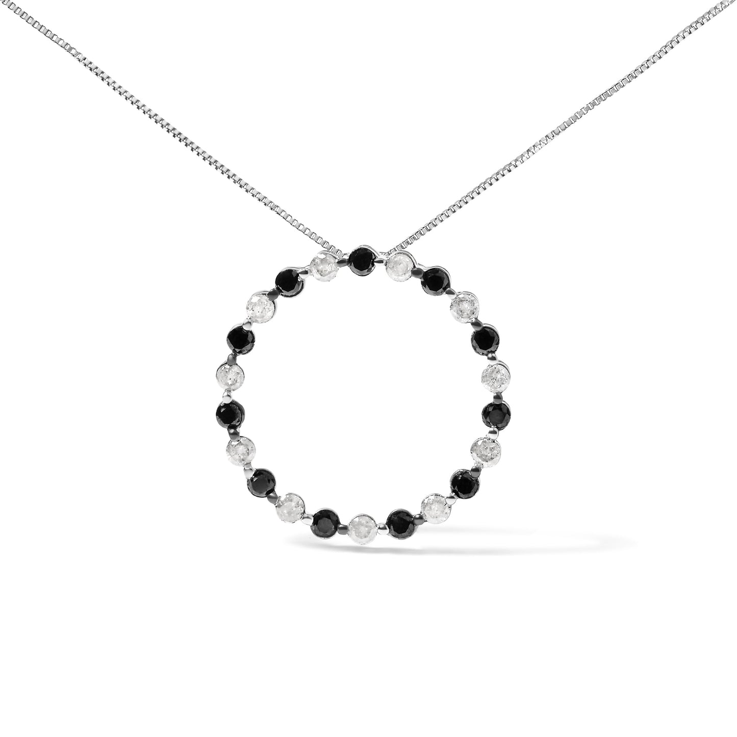.925 Sterling Silver 1 3/4 Cttw Alternating Black and White Diamond Open Circle Hoop Pendant Necklace (H-I Color, I2-I3 Clarity) - 18" Inches Bids.com