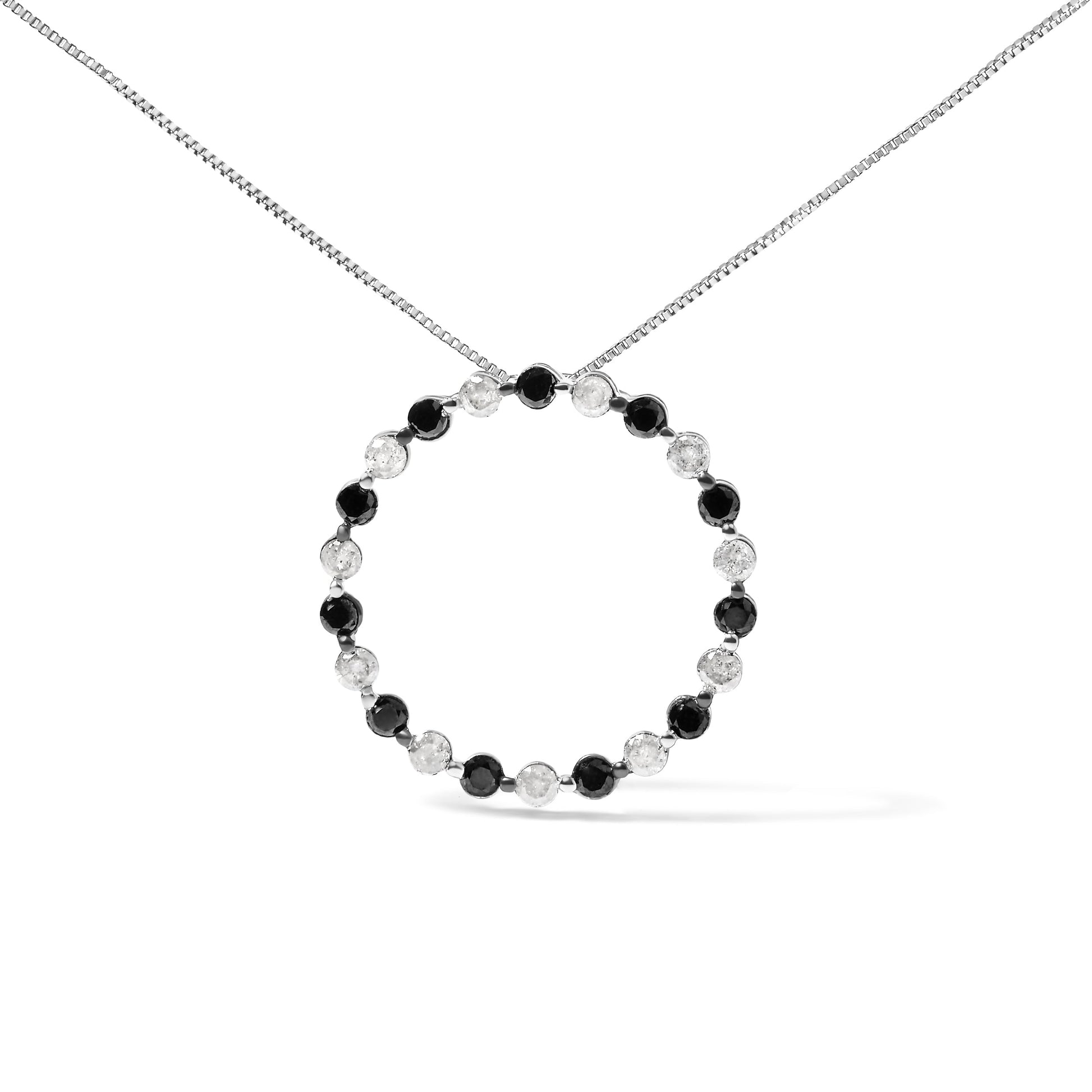 .925 Sterling Silver 1 3/4 Cttw Alternating Black and White Diamond Open Circle Hoop Pendant Necklace (H-I Color, I2-I3 Clarity) - 18" Inches Bids.com