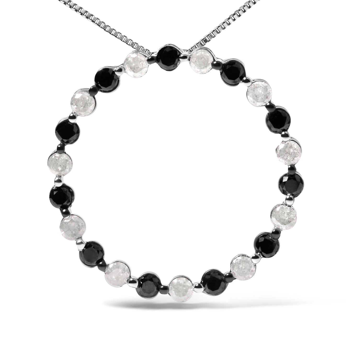.925 Sterling Silver 1 3/4 Cttw Alternating Black and White Diamond Open Circle Hoop Pendant Necklace (H-I Color, I2-I3 Clarity) - 18" Inches Bids.com