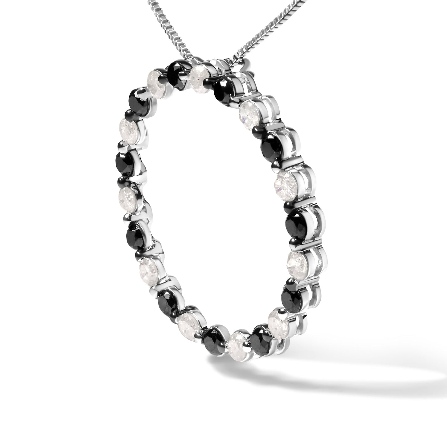.925 Sterling Silver 1 3/4 Cttw Alternating Black and White Diamond Open Circle Hoop Pendant Necklace (H-I Color, I2-I3 Clarity) - 18" Inches Bids.com