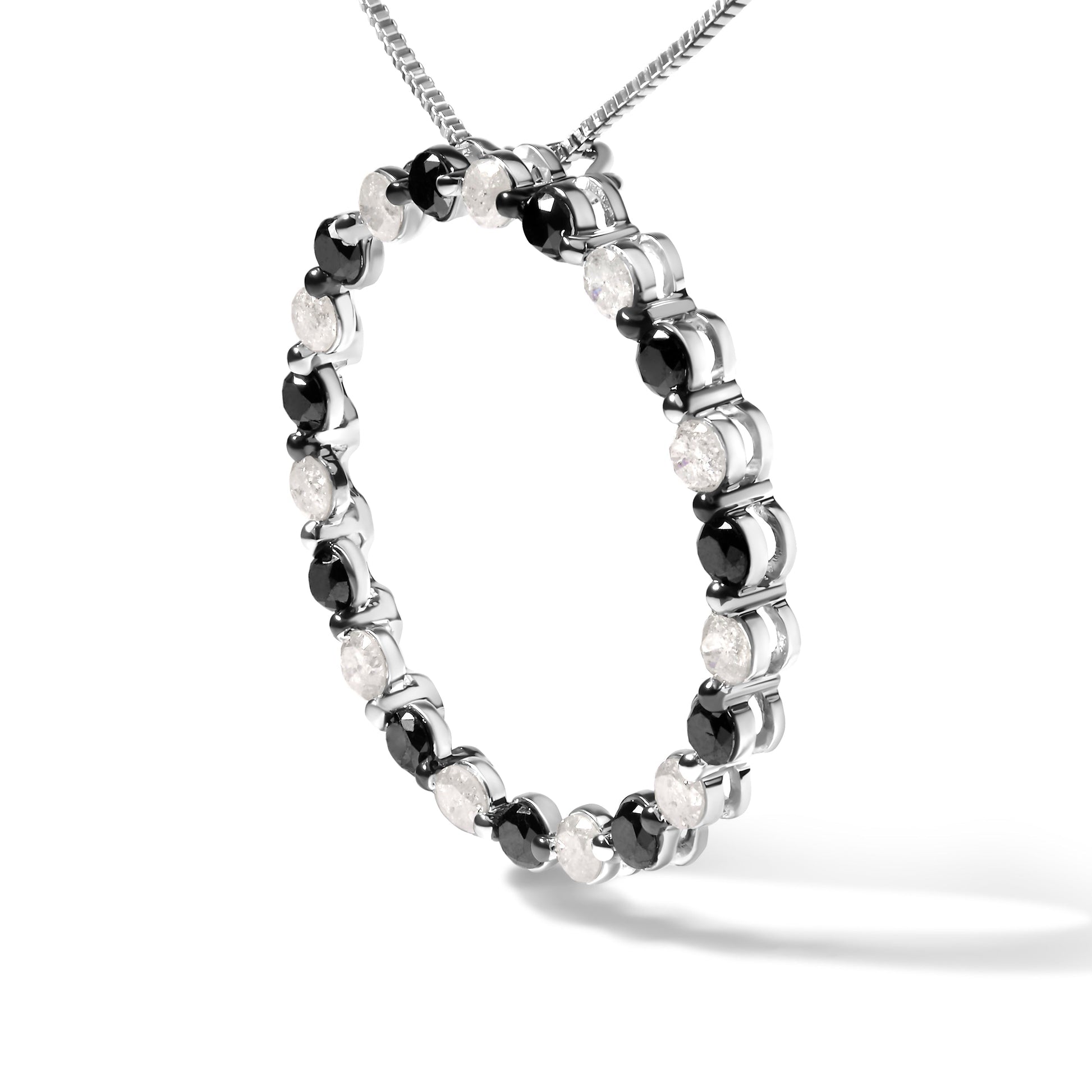 .925 Sterling Silver 1 3/4 Cttw Alternating Black and White Diamond Open Circle Hoop Pendant Necklace (H-I Color, I2-I3 Clarity) - 18" Inches Bids.com
