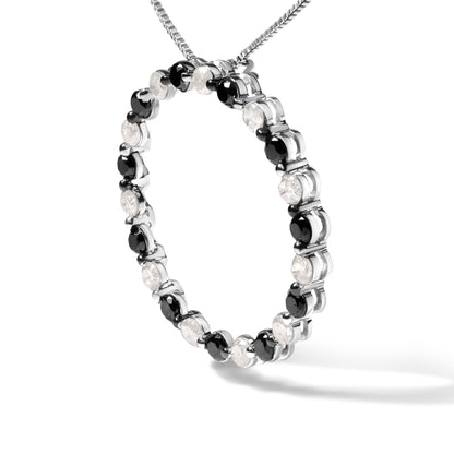 .925 Sterling Silver 1 3/4 Cttw Alternating Black and White Diamond Open Circle Hoop Pendant Necklace (H-I Color, I2-I3 Clarity) - 18" Inches Bids.com