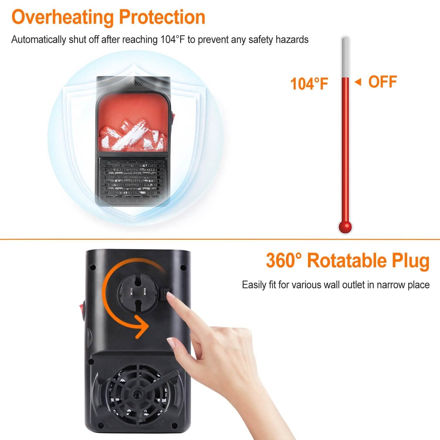 800w Plug-In Space Heater Wall Outlet with 360° Rotatable Plug DailySale