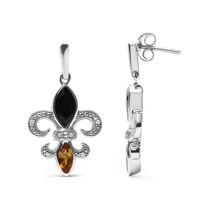 .925 Sterling Silver Marquise Cut Onyx and Citrine with Diamond Accent Fleur De Lis Drop Stud Earrings (H-I Color, SI1-SI2 Clarity) Bids.com