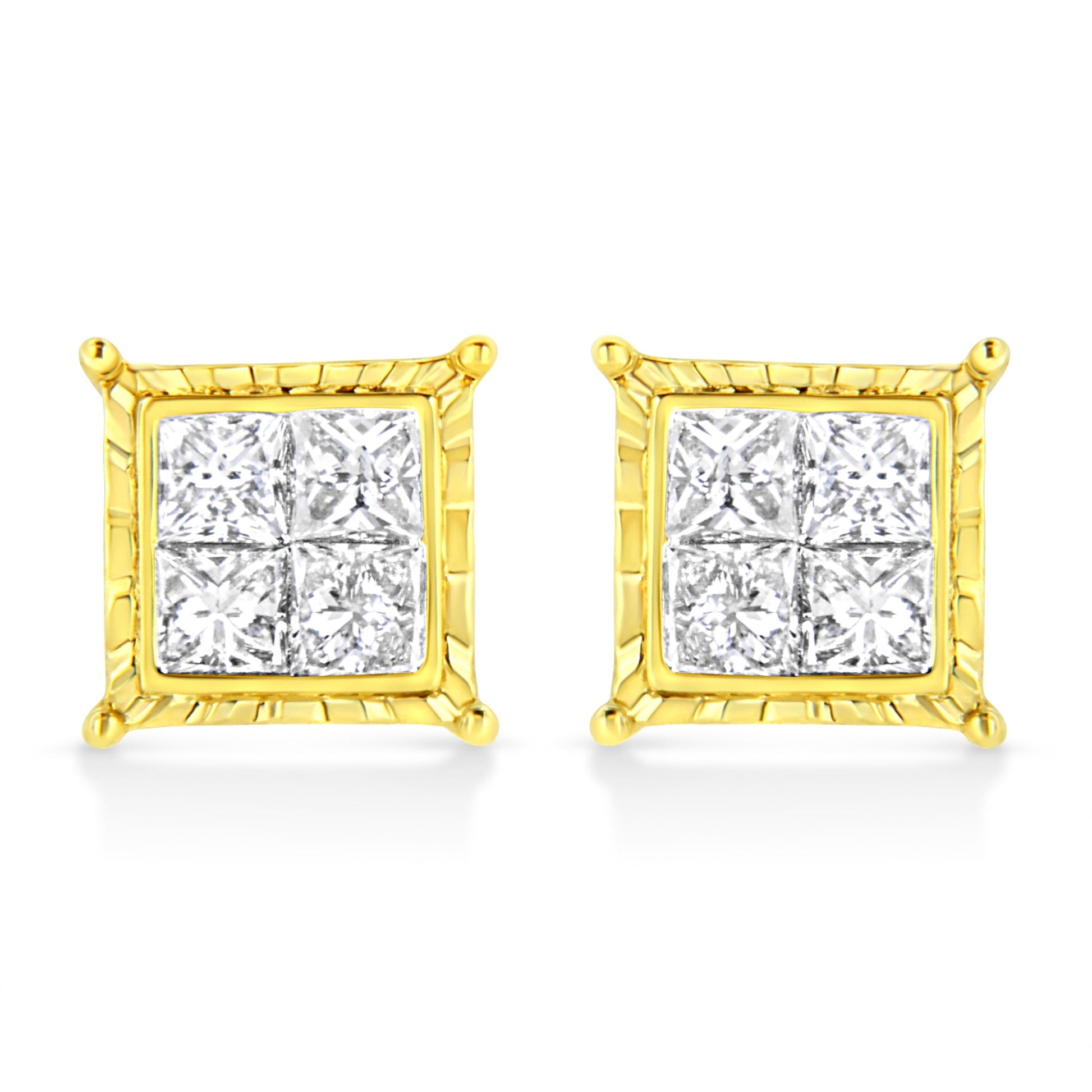 14K Yellow Gold 1.0 Cttw Invisible Set Princess-Cut Diamond Composite 8 Stone Stud Earrings (I-J Color, SI1-SI2 Clarity) Bids.com